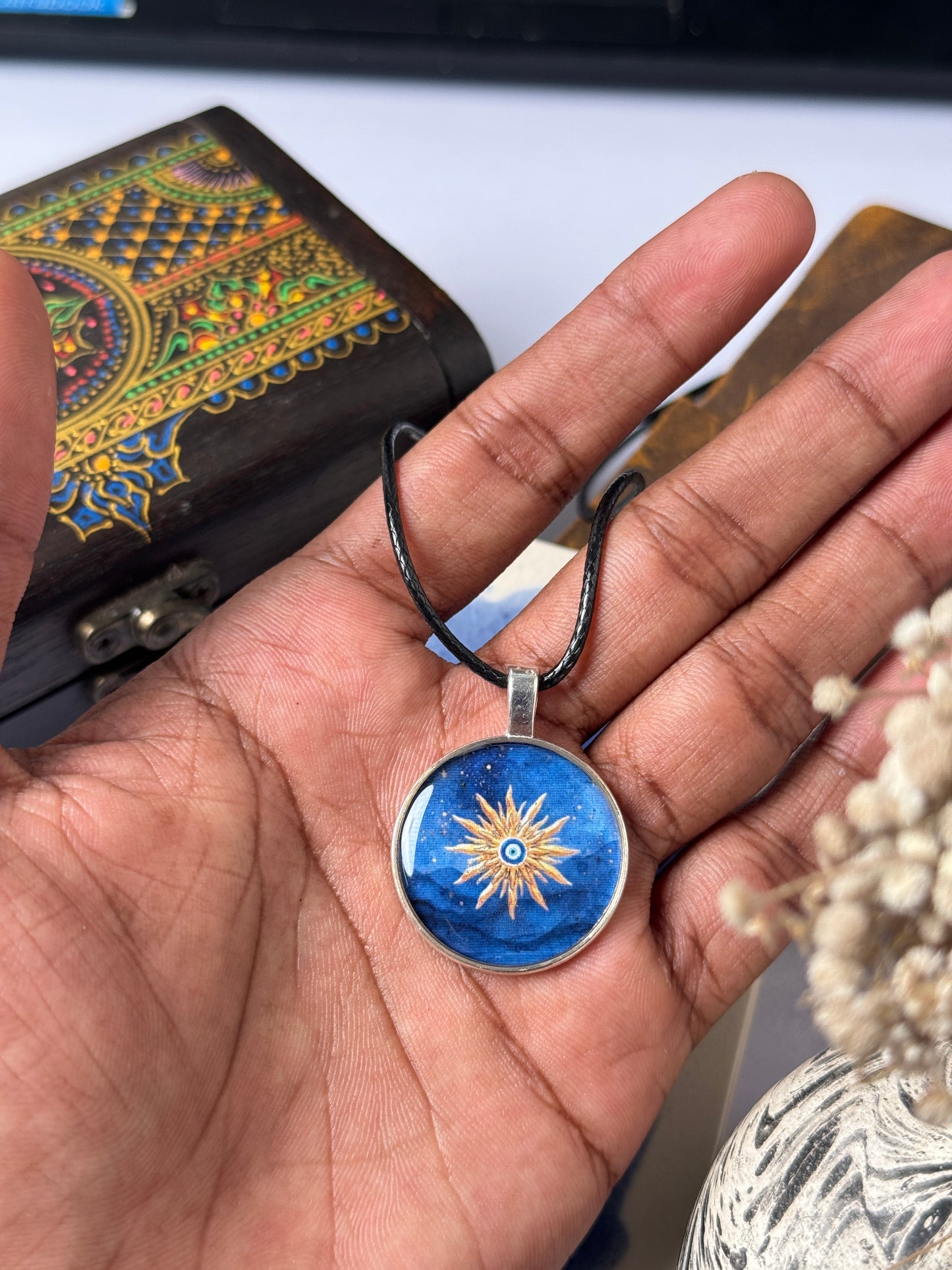 Sun evil eye resin necklace