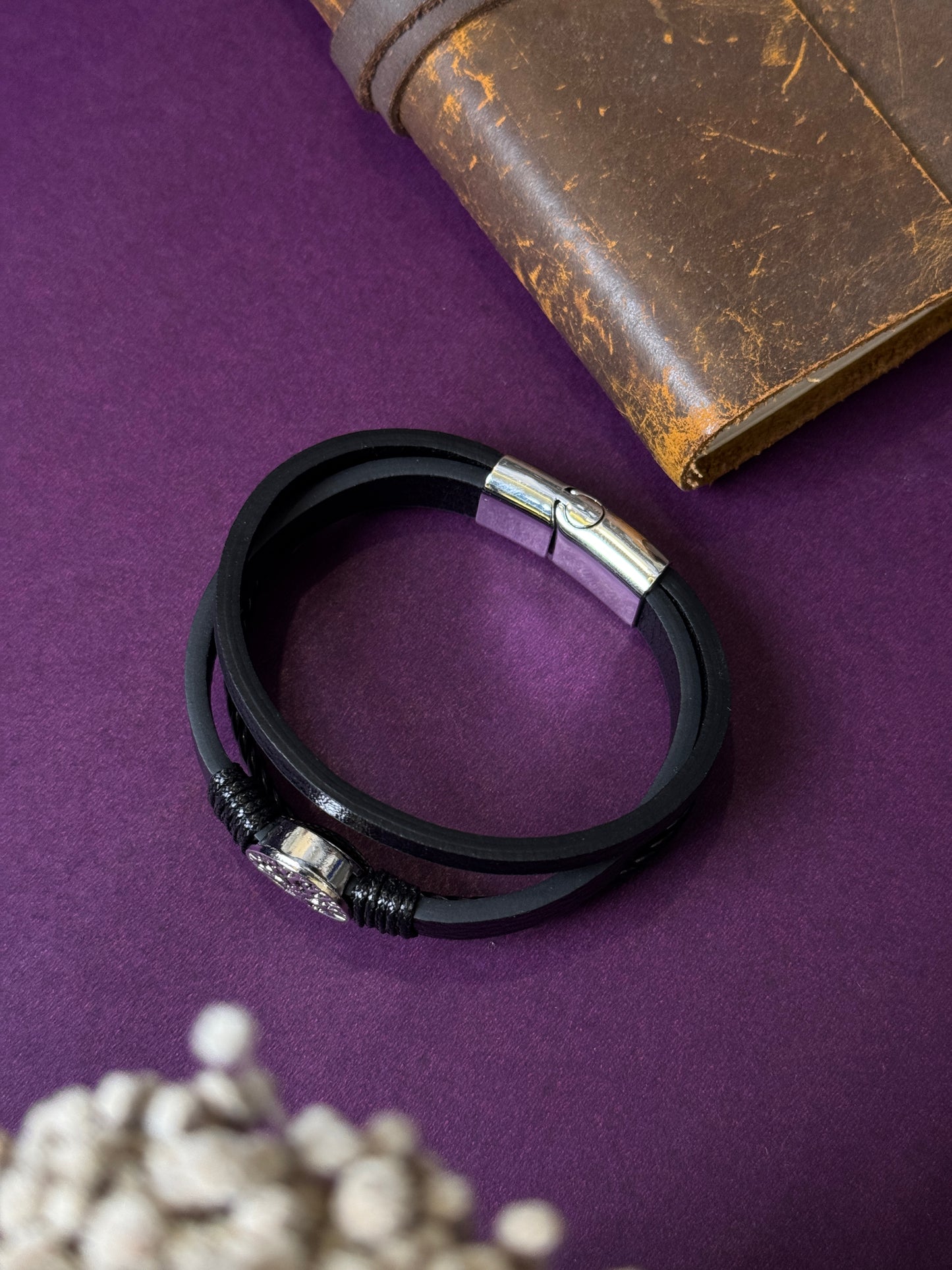 Tree of life 3 layer leather plus stainless steel bracelet