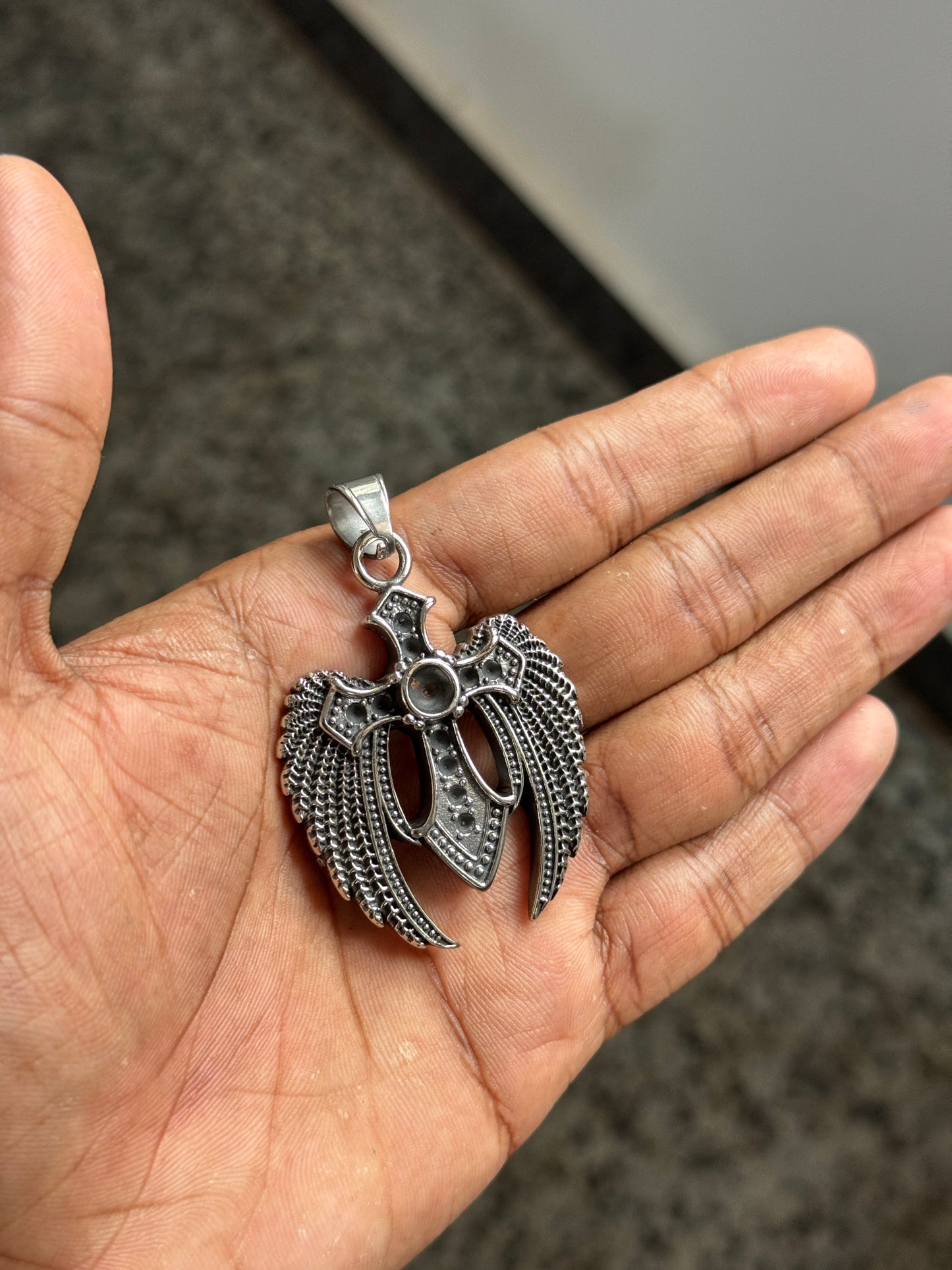 Cross wings silverstainless steel pendant with hook