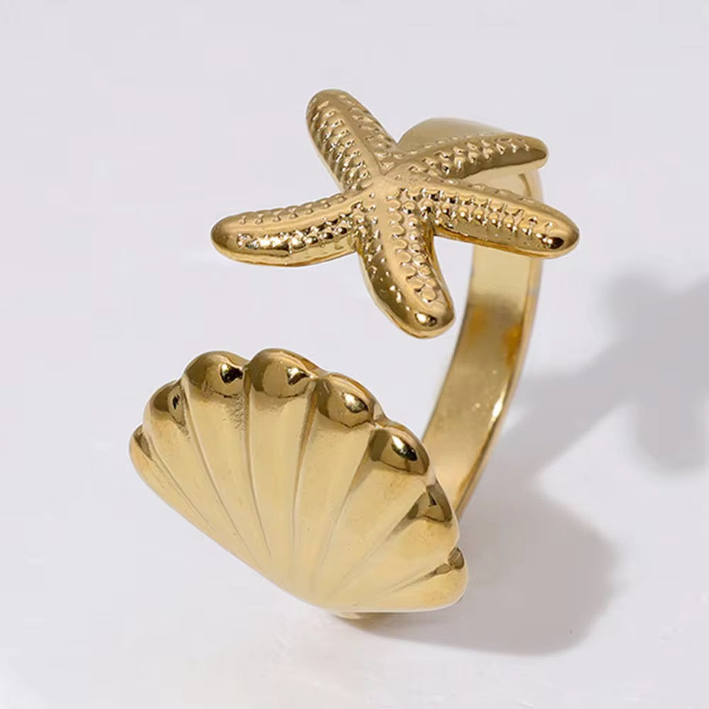 Starfish &shell stainless steel adjustable ring