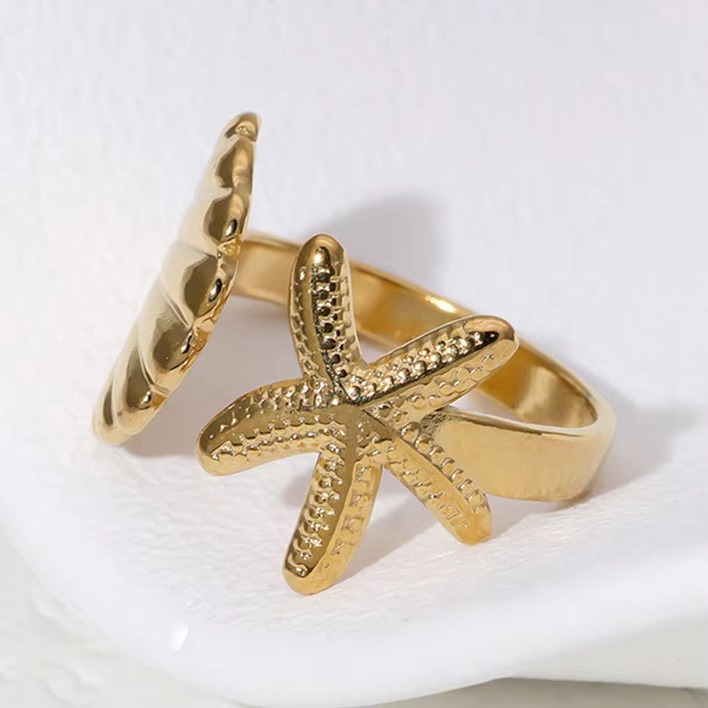 Starfish &shell stainless steel adjustable ring