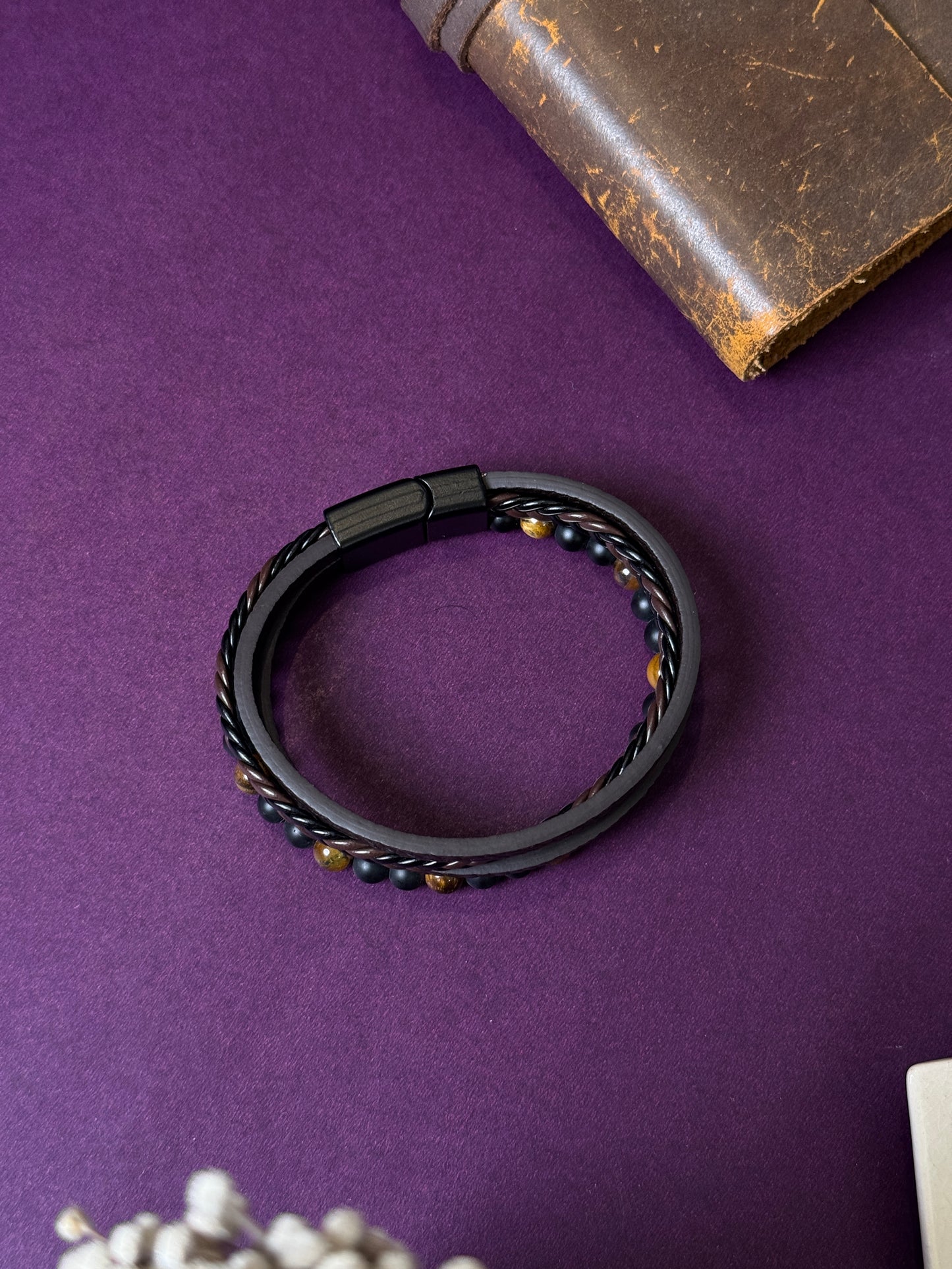 Natural stone 4 layer leather plus stainless steel bracelet