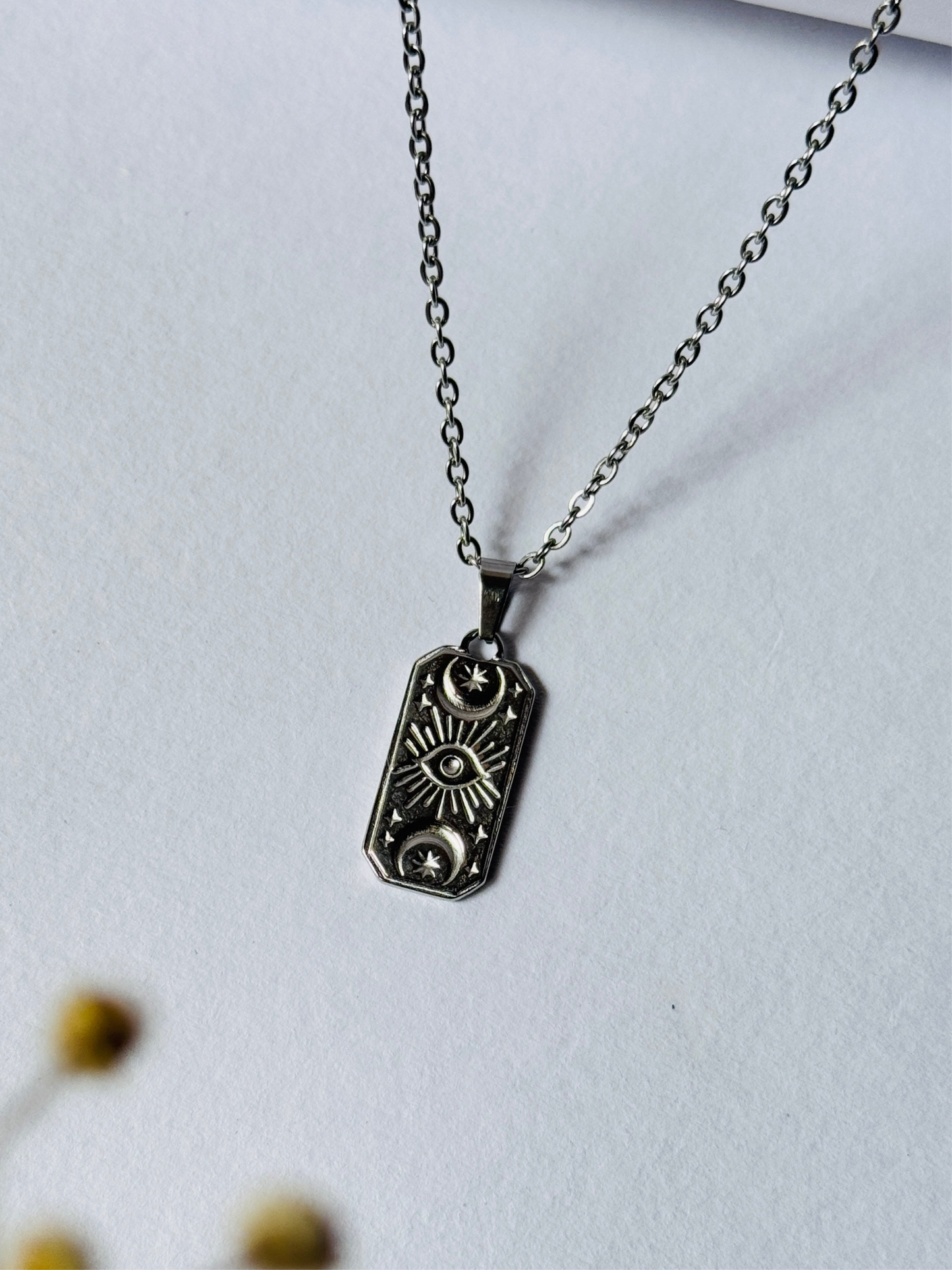 Sun moon rectangle stainless steel silver necklace