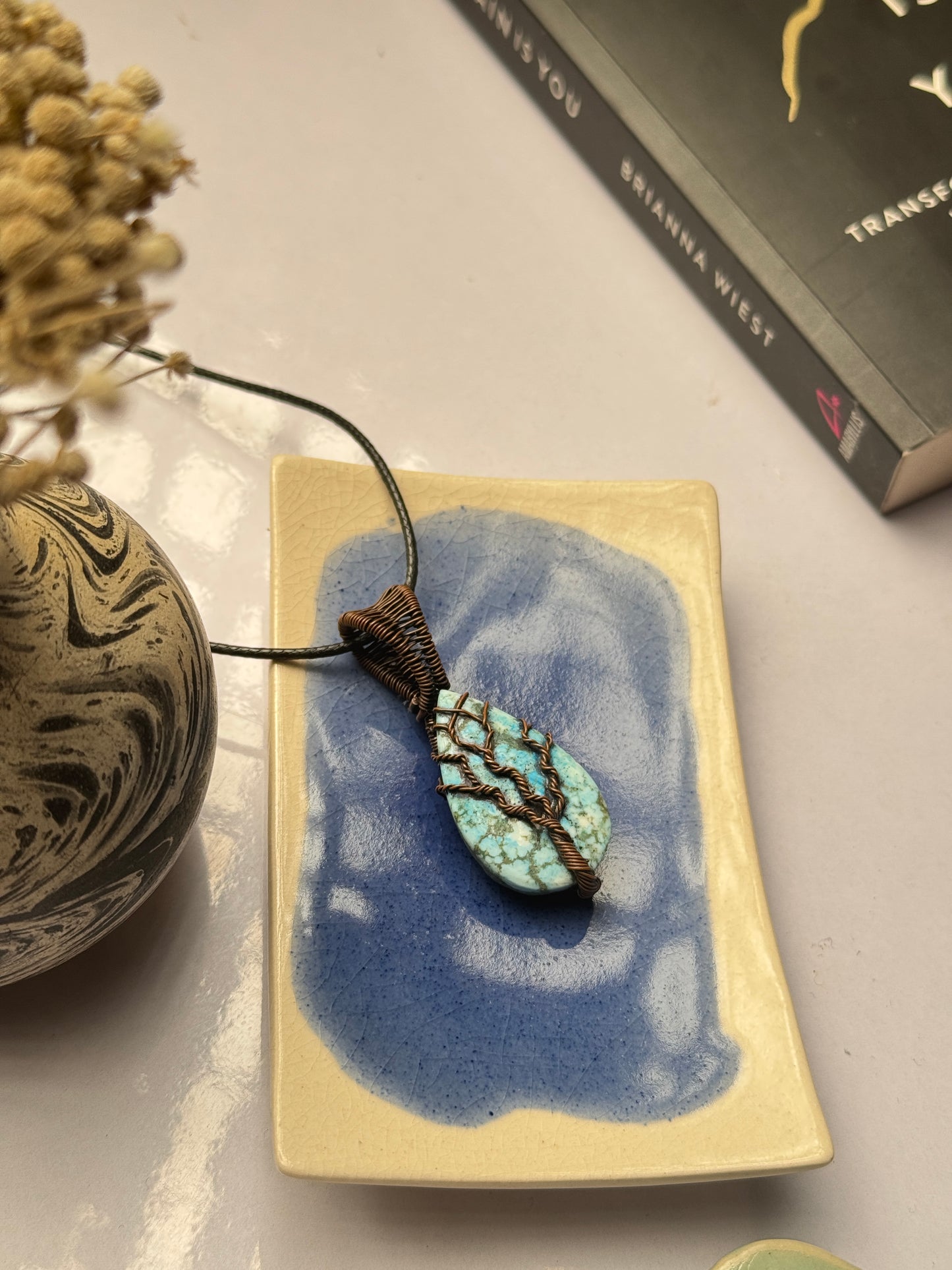 Turquoise oval shape tree of life copper wire wrapped necklace