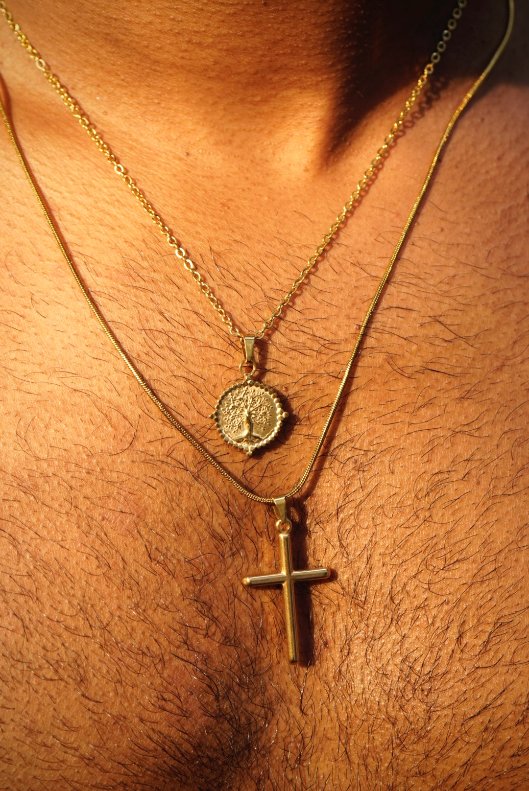 18k gold plated cross and tree of life stainless steel chain necklace combo
