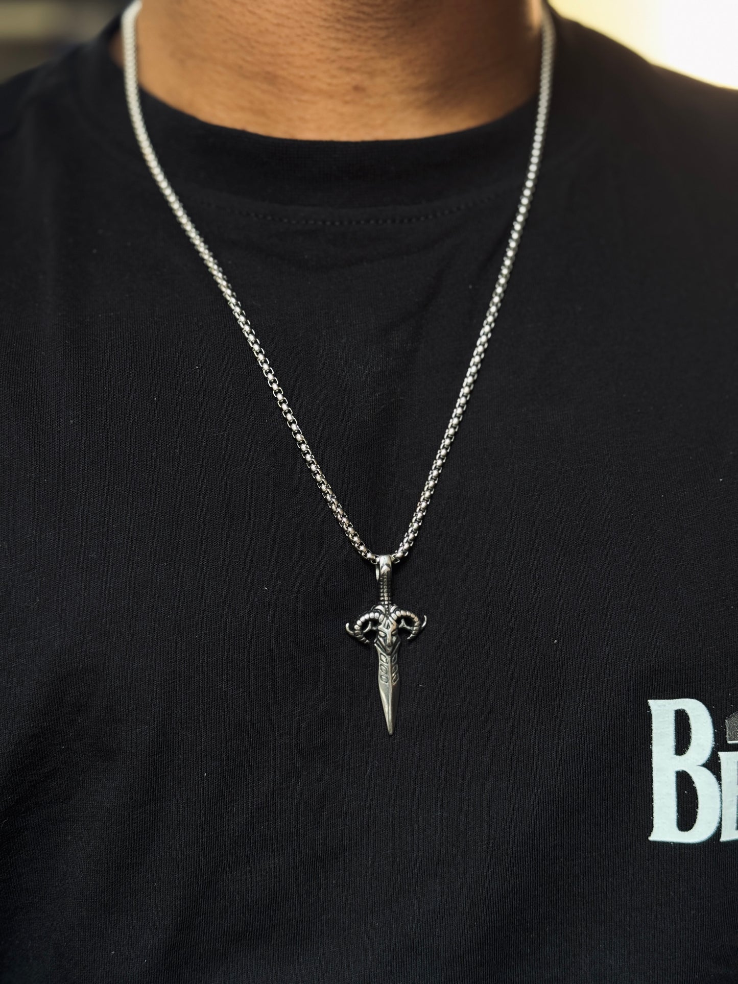 Ram skull dagger silver - stainless steel necklace