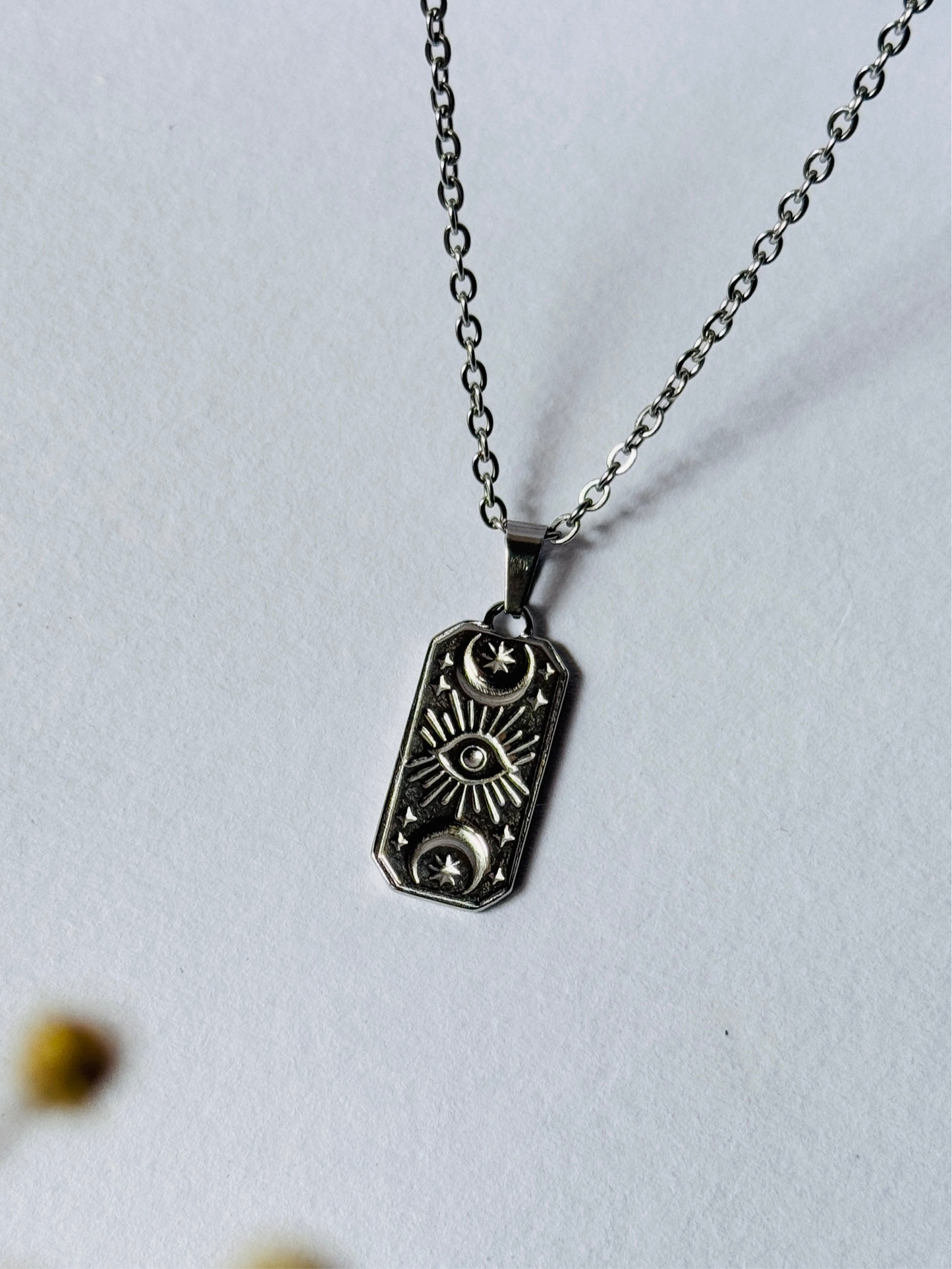 Sun moon rectangle stainless steel silver necklace