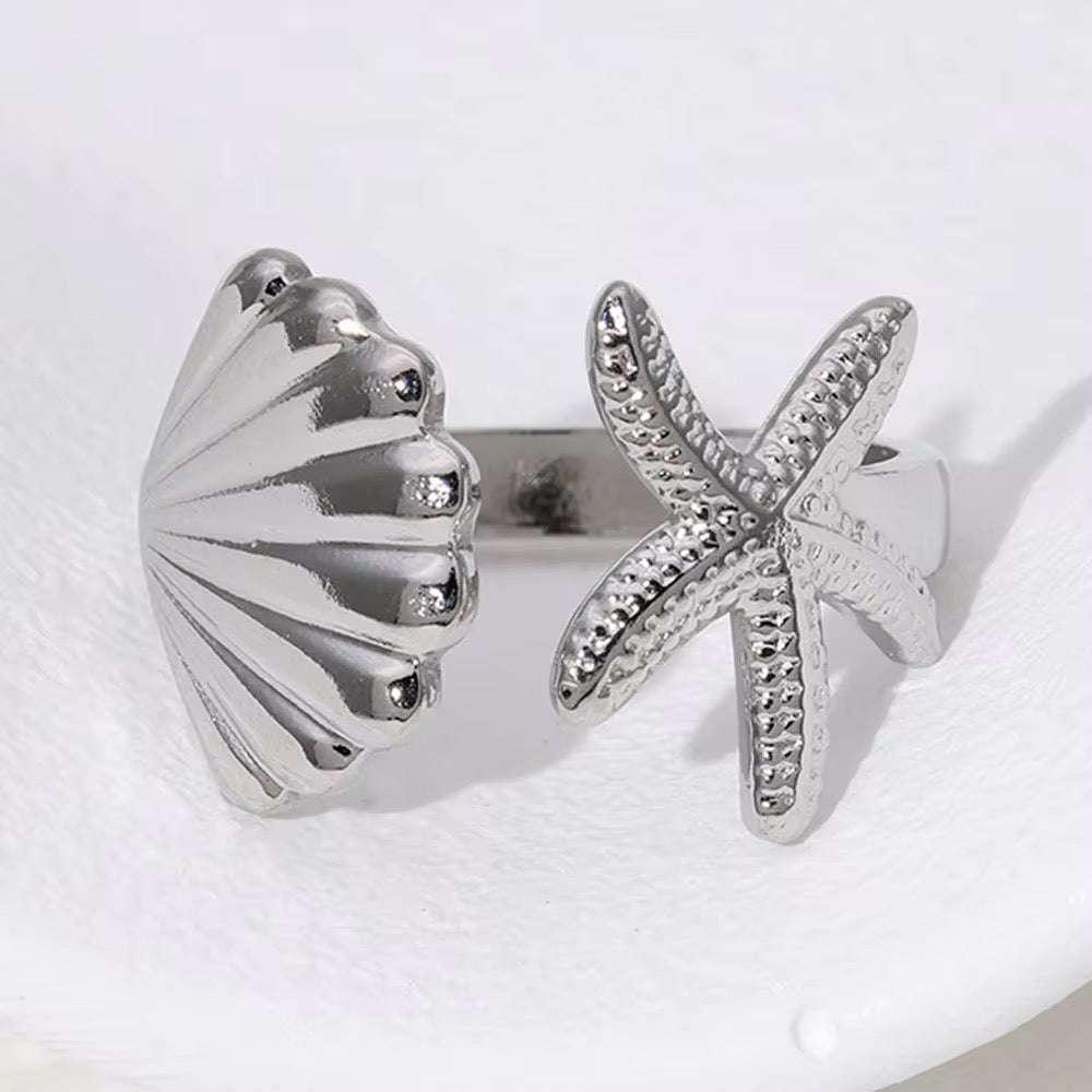 Starfish &shell stainless steel adjustable ring