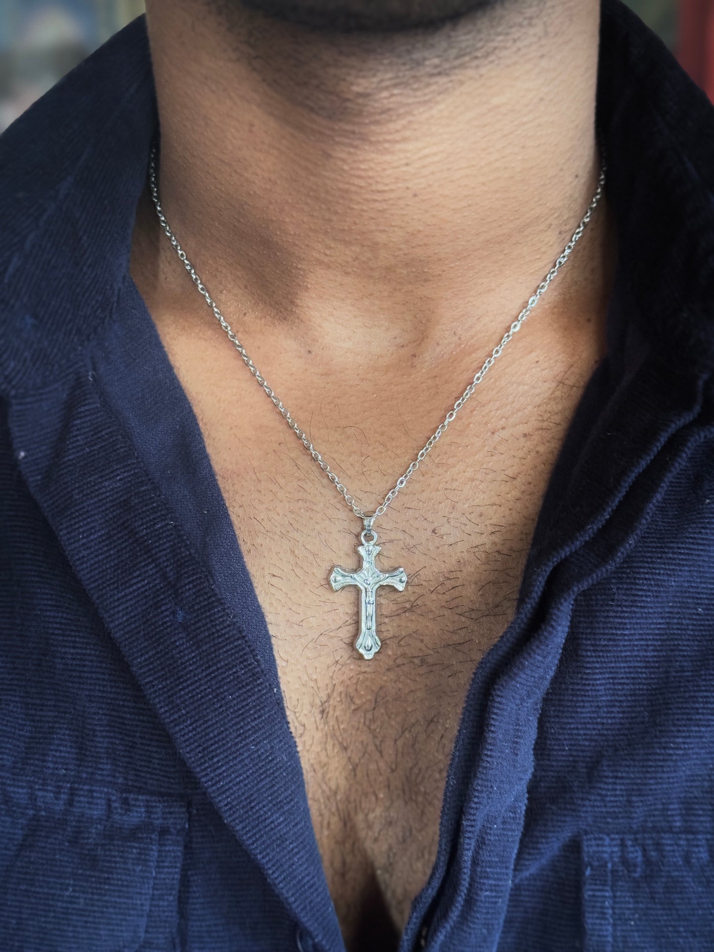Cross stainless steel medium size silver necklace