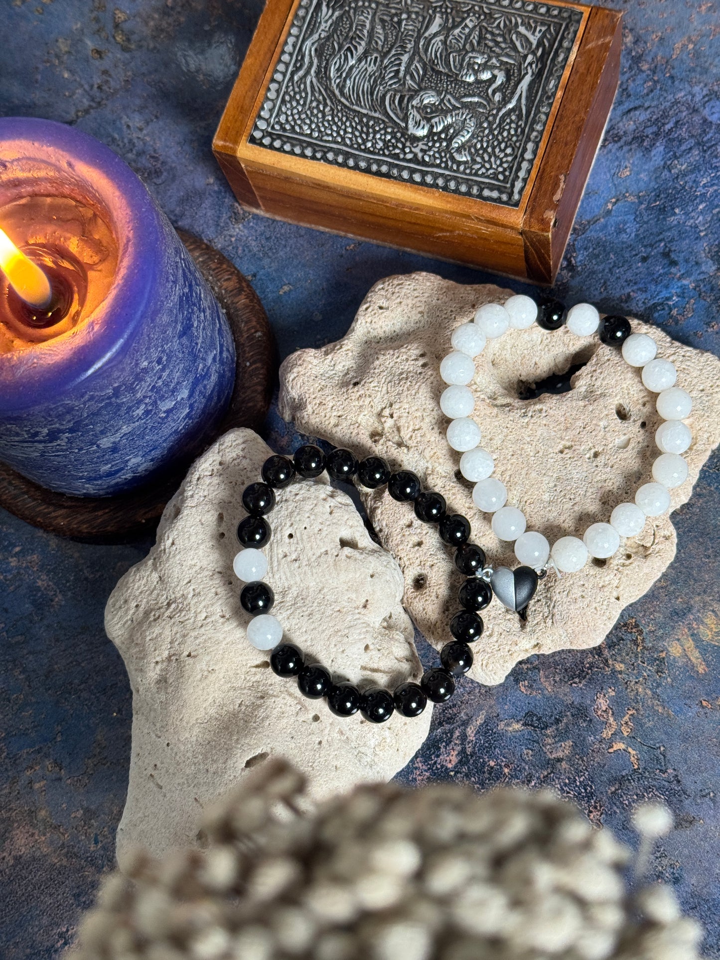 black onyx and white king stone - couple magnetic bracelet