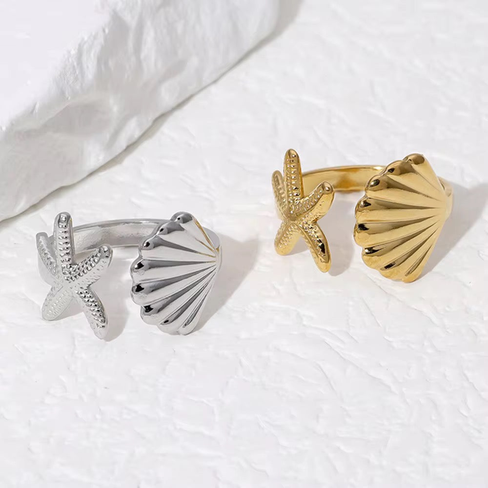 Starfish &shell stainless steel adjustable ring