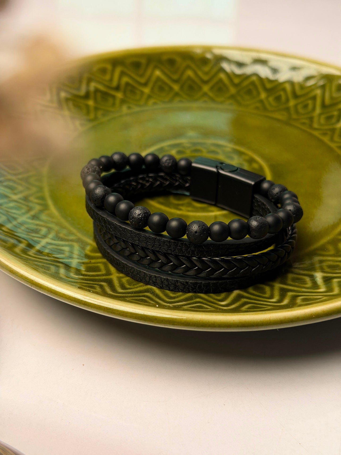Lava stone 4 layer leather magnetic bracelet