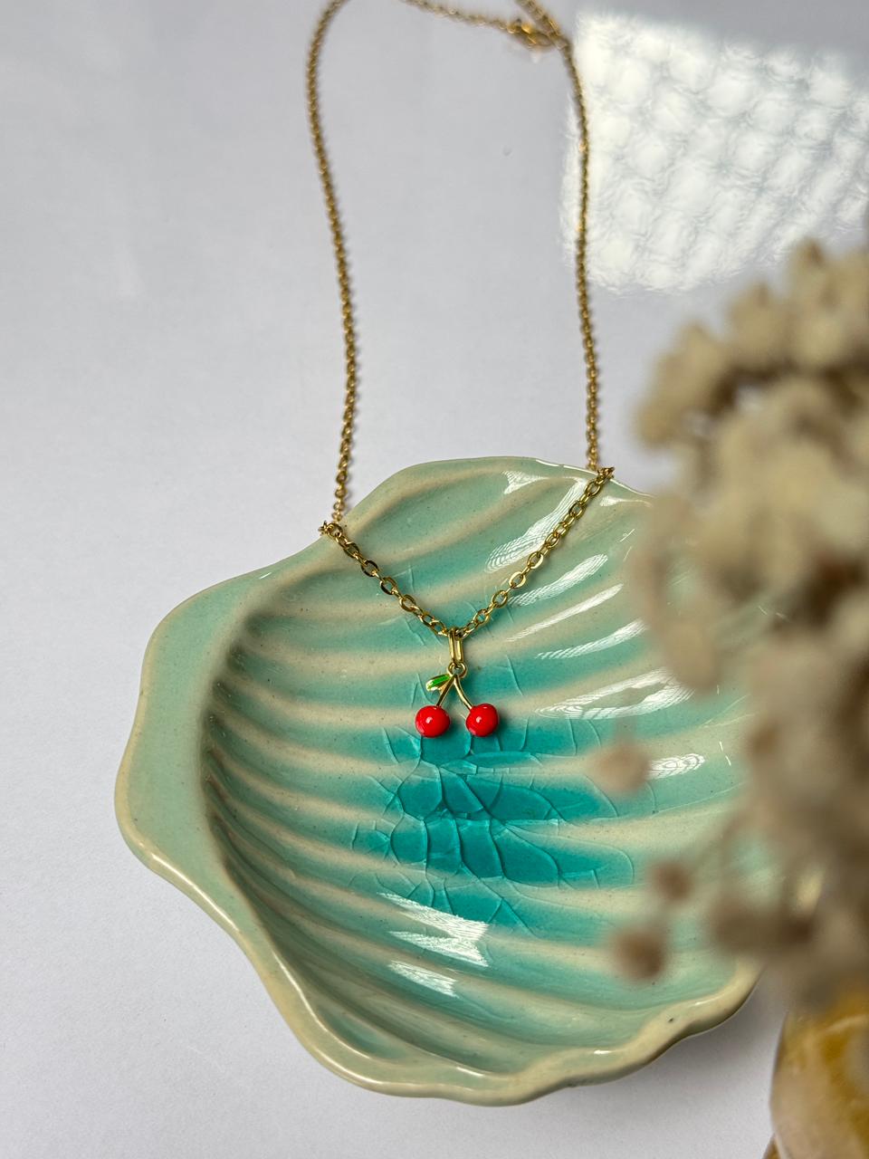 mini twin cherry stainless steel necklace