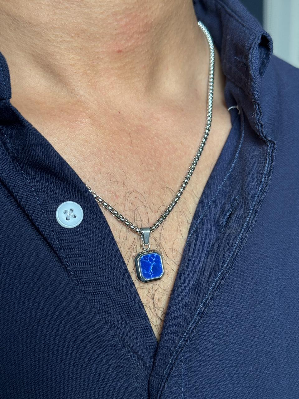 blue square silver stainless steel necklace 60 cm chain