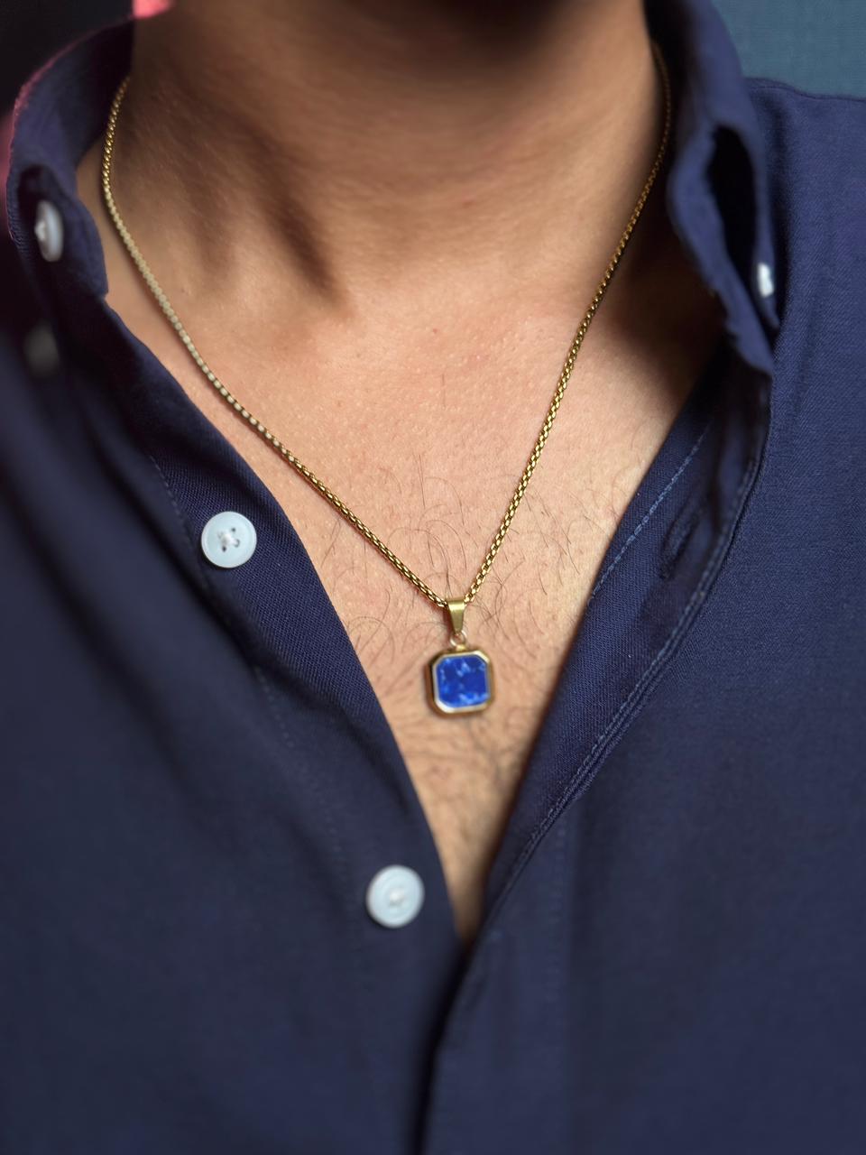 blue square pendant with gold stainless steel 55 cm chain