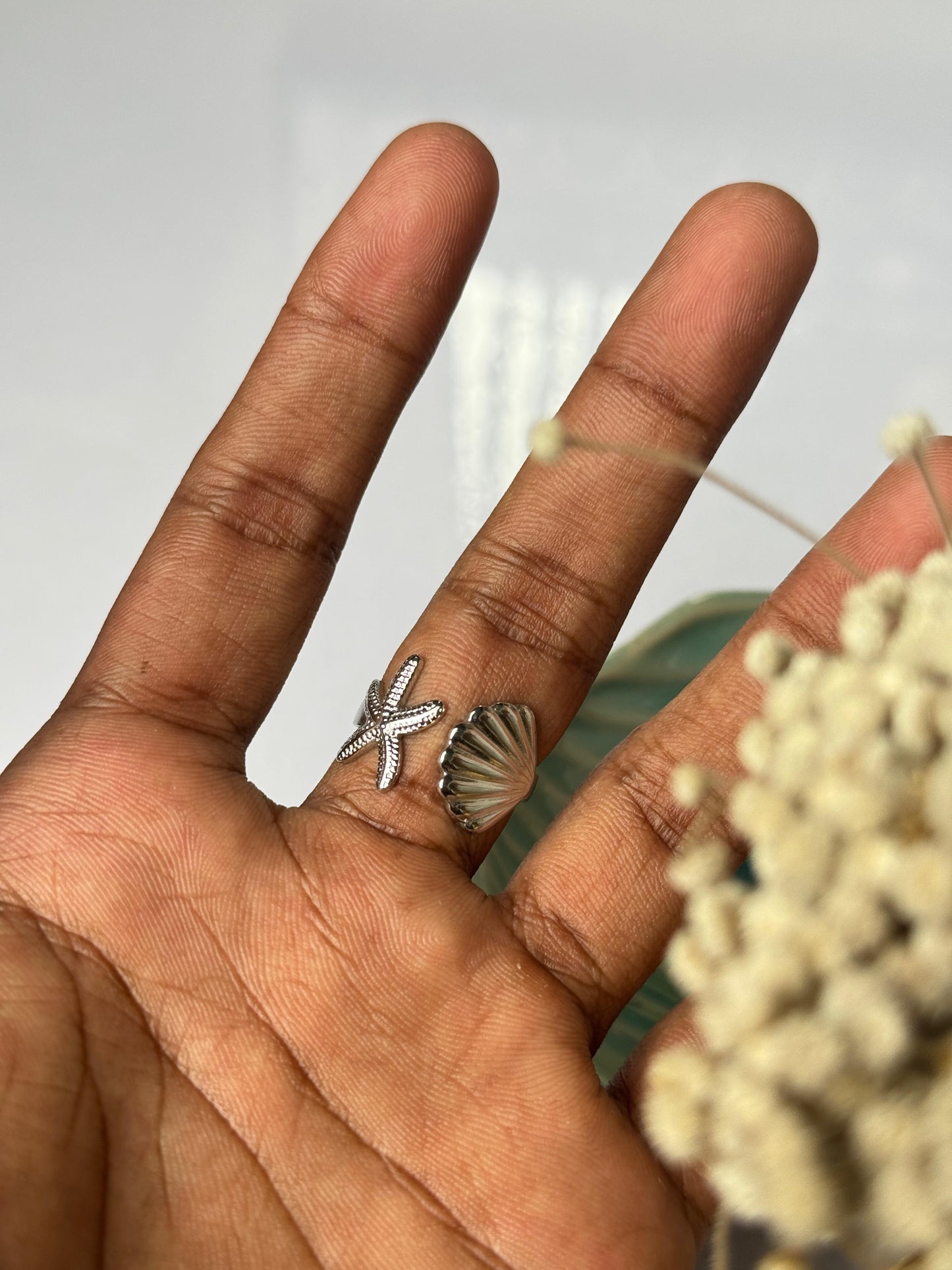Starfish &shell stainless steel silver adjustable ring