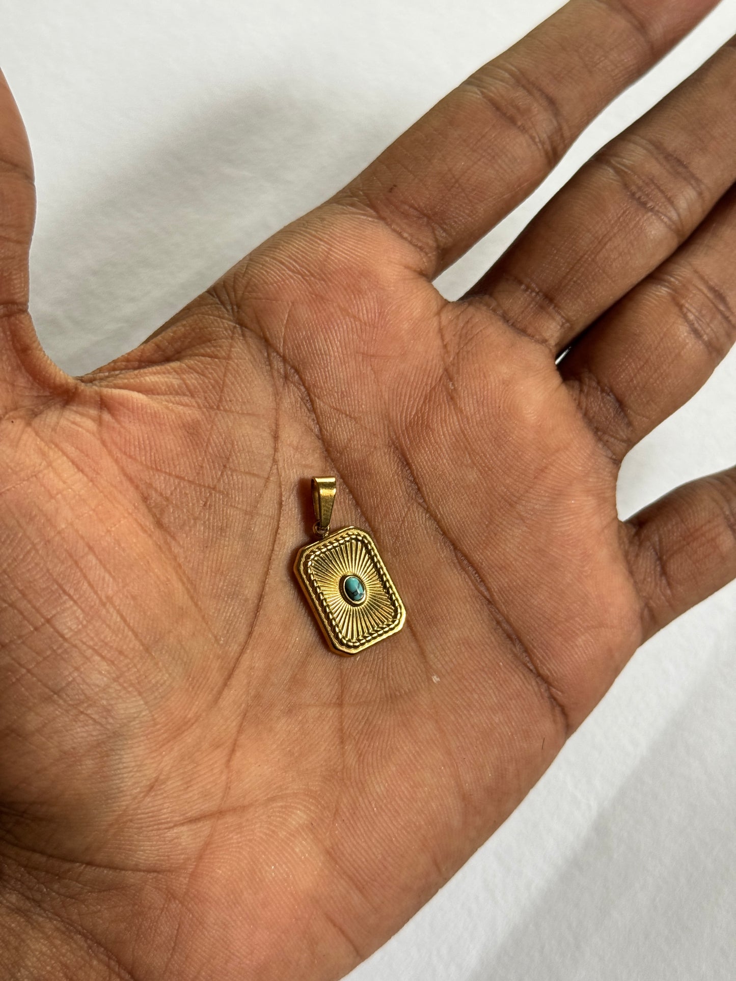 Turquoise stone in box shape 18k gold plated stainless steel pendant with hook