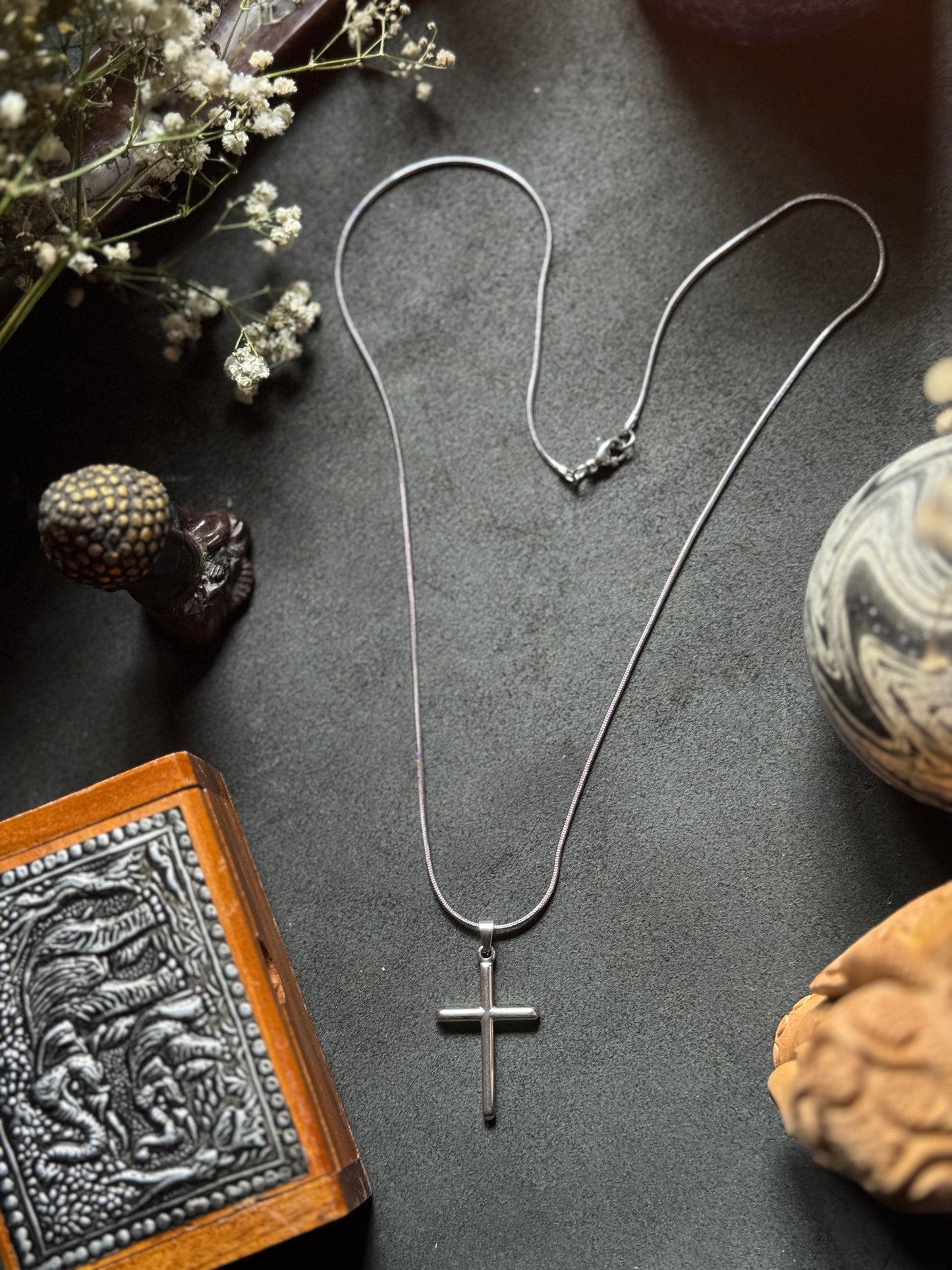 Cross plain silver stainless steel necklace 55 cm