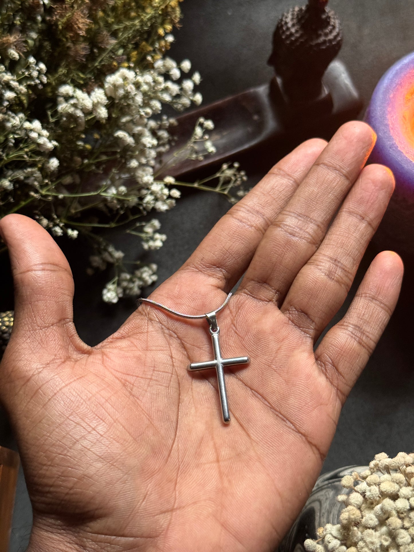 Cross plain silver stainless steel necklace 55 cm