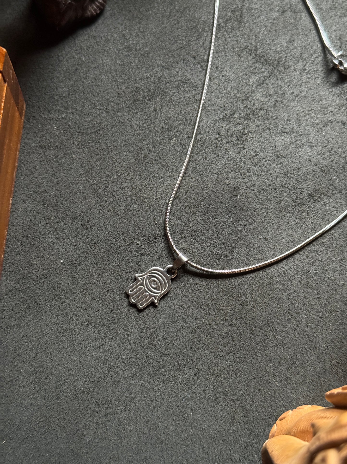 Hamsa hand small silver stainless steel silver necklace in 55 cm chain