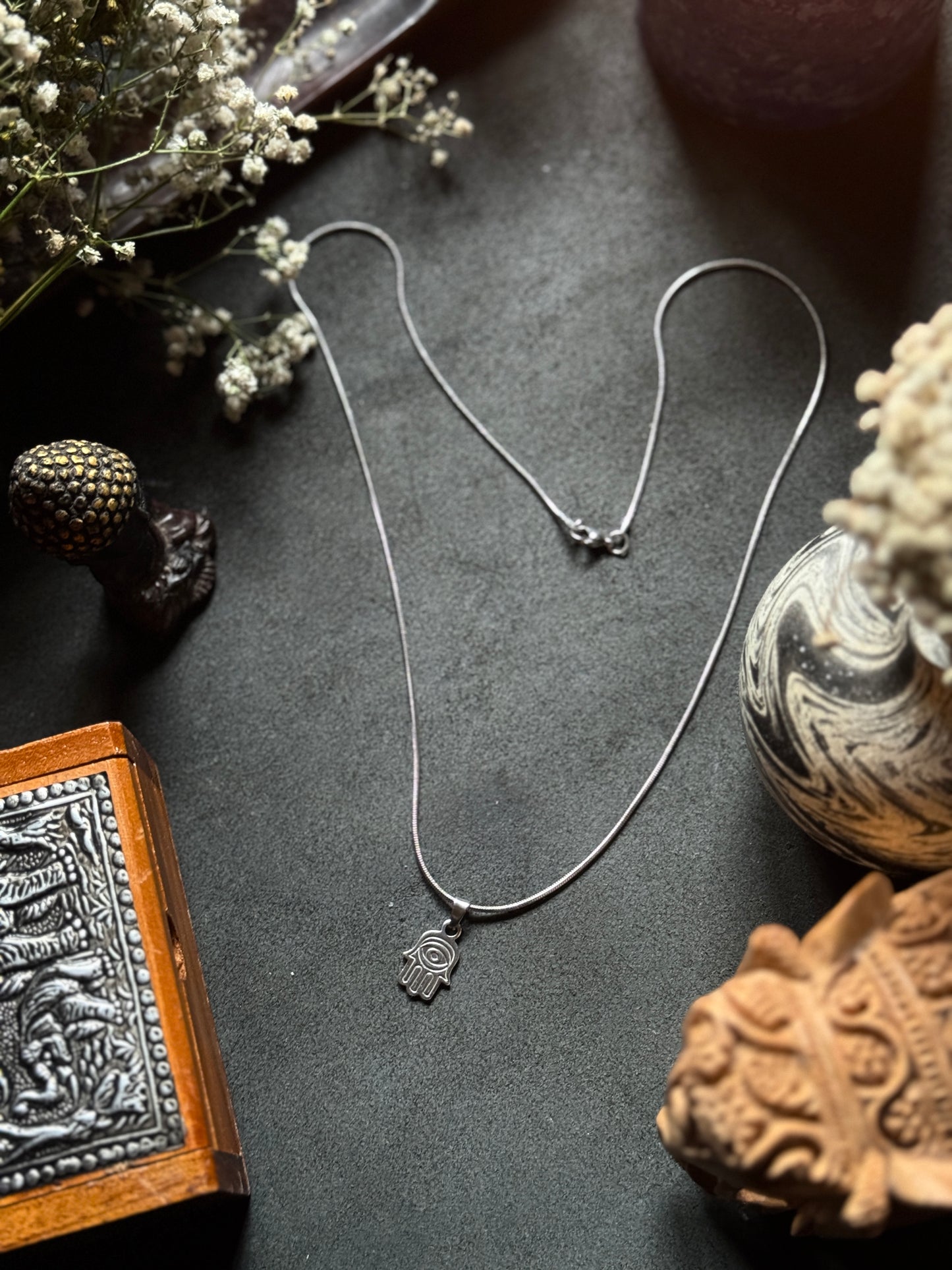 Hamsa hand small silver stainless steel silver necklace in 55 cm chain