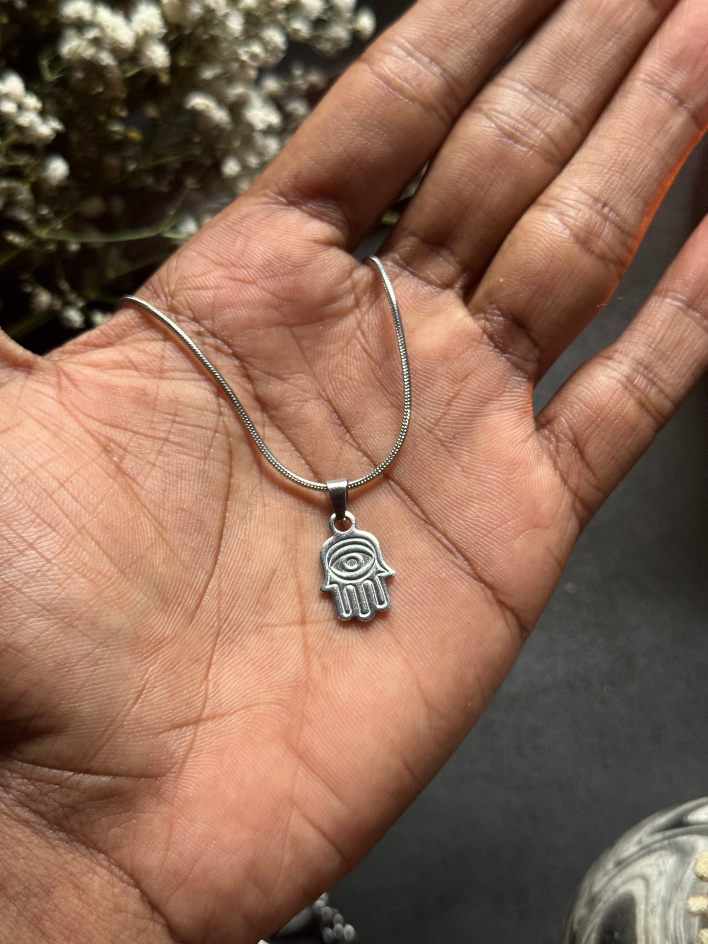 Hamsa hand small silver stainless steel silver necklace in 55 cm chain