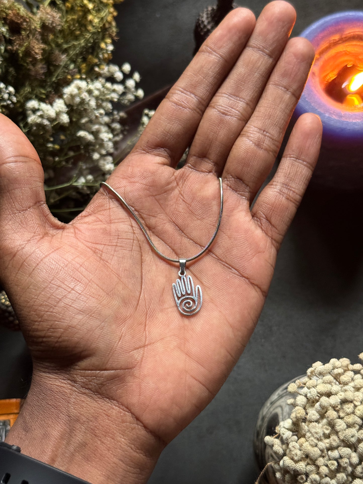 Spiral hamsa hand silver stainless steel necklace in 55 cm chain