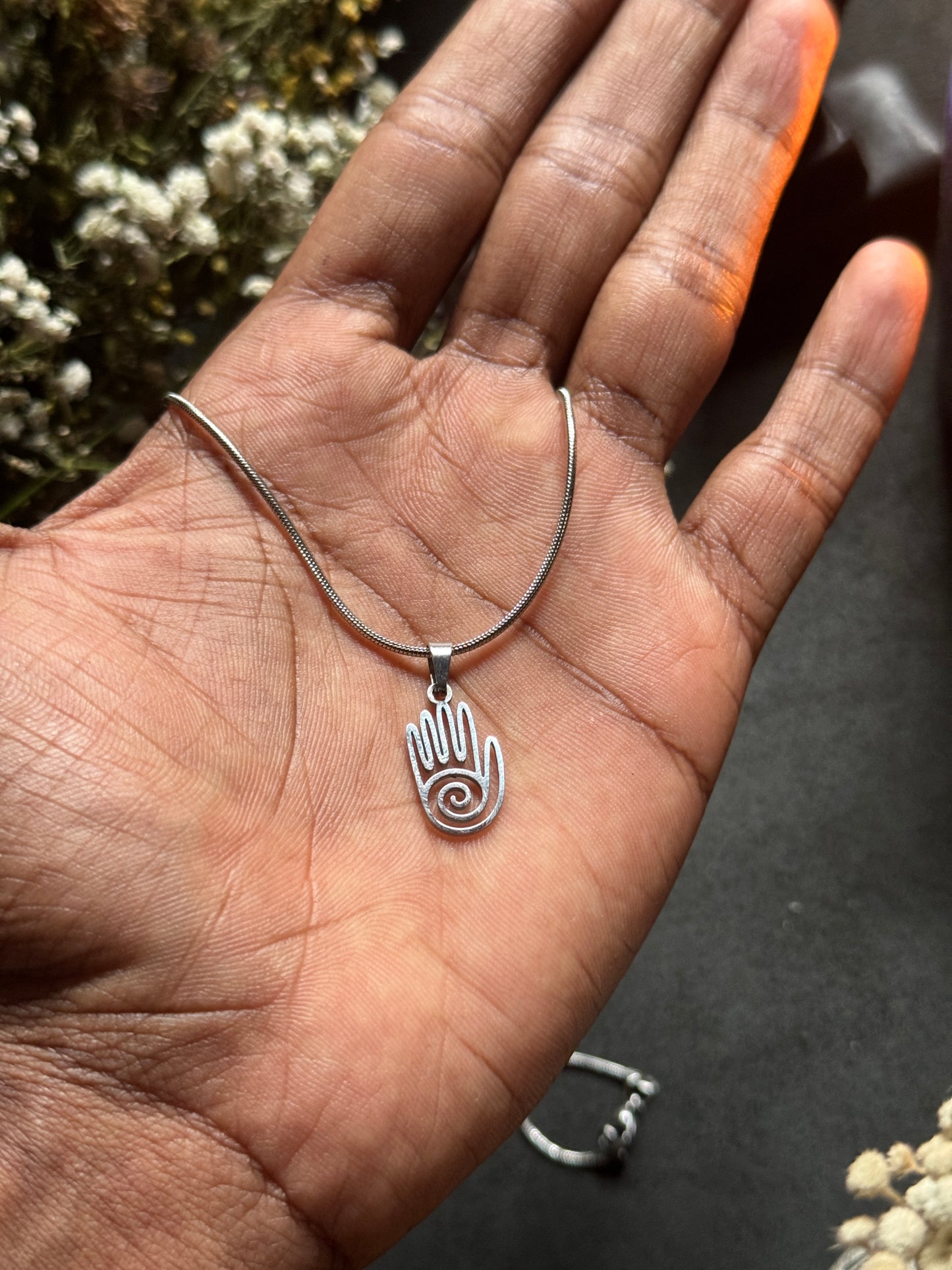 Spiral hamsa hand silver stainless steel necklace in 55 cm chain