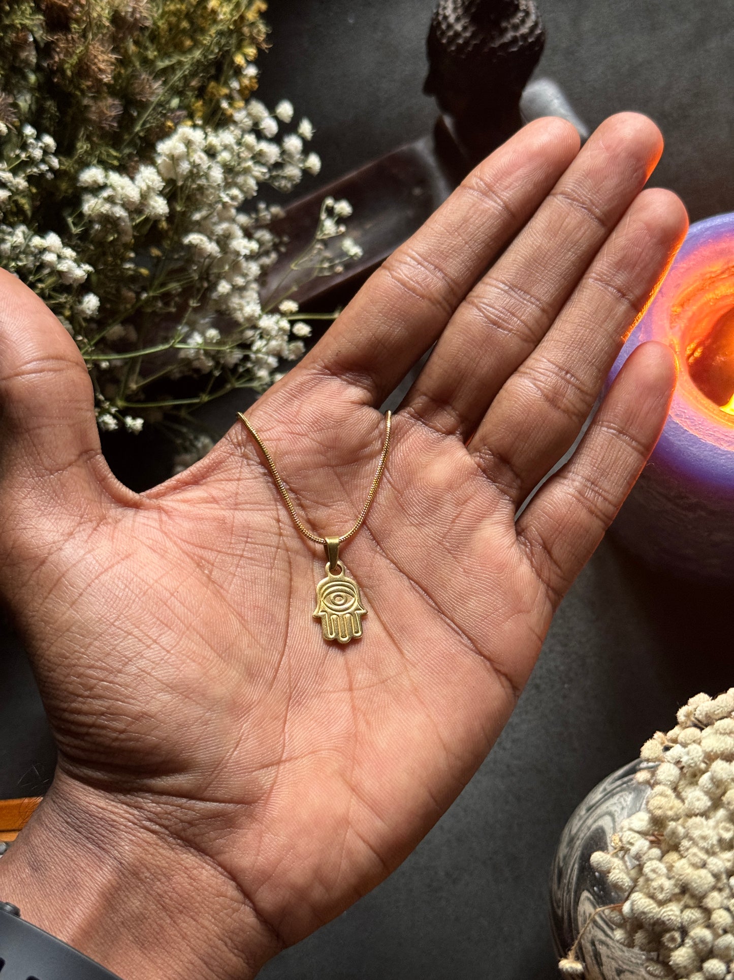 Hamsa hand small 18k gold plated stainless steel necklace in 55 cm chain
