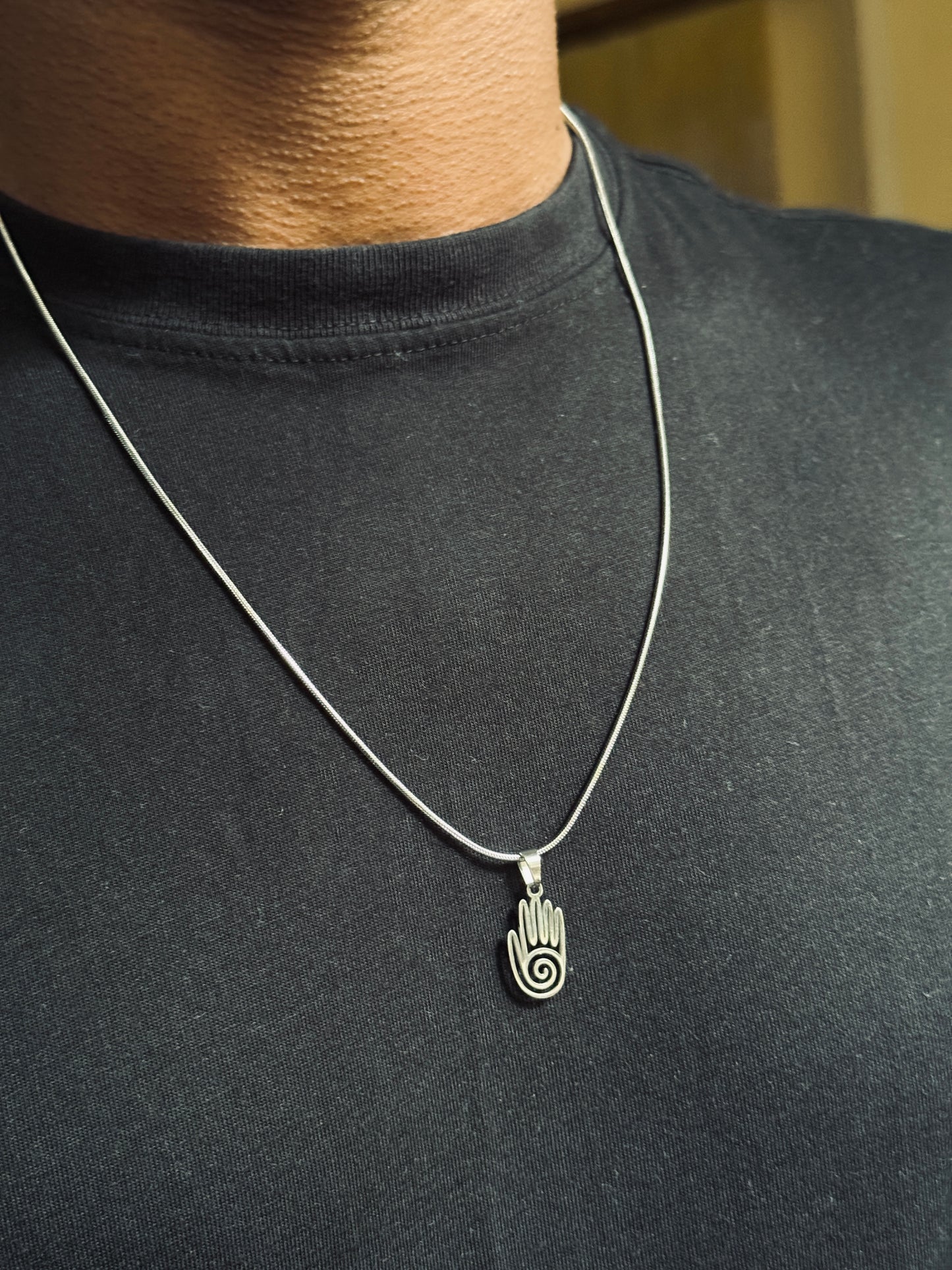 Spiral hamsa hand silver stainless steel necklace in 55 cm chain
