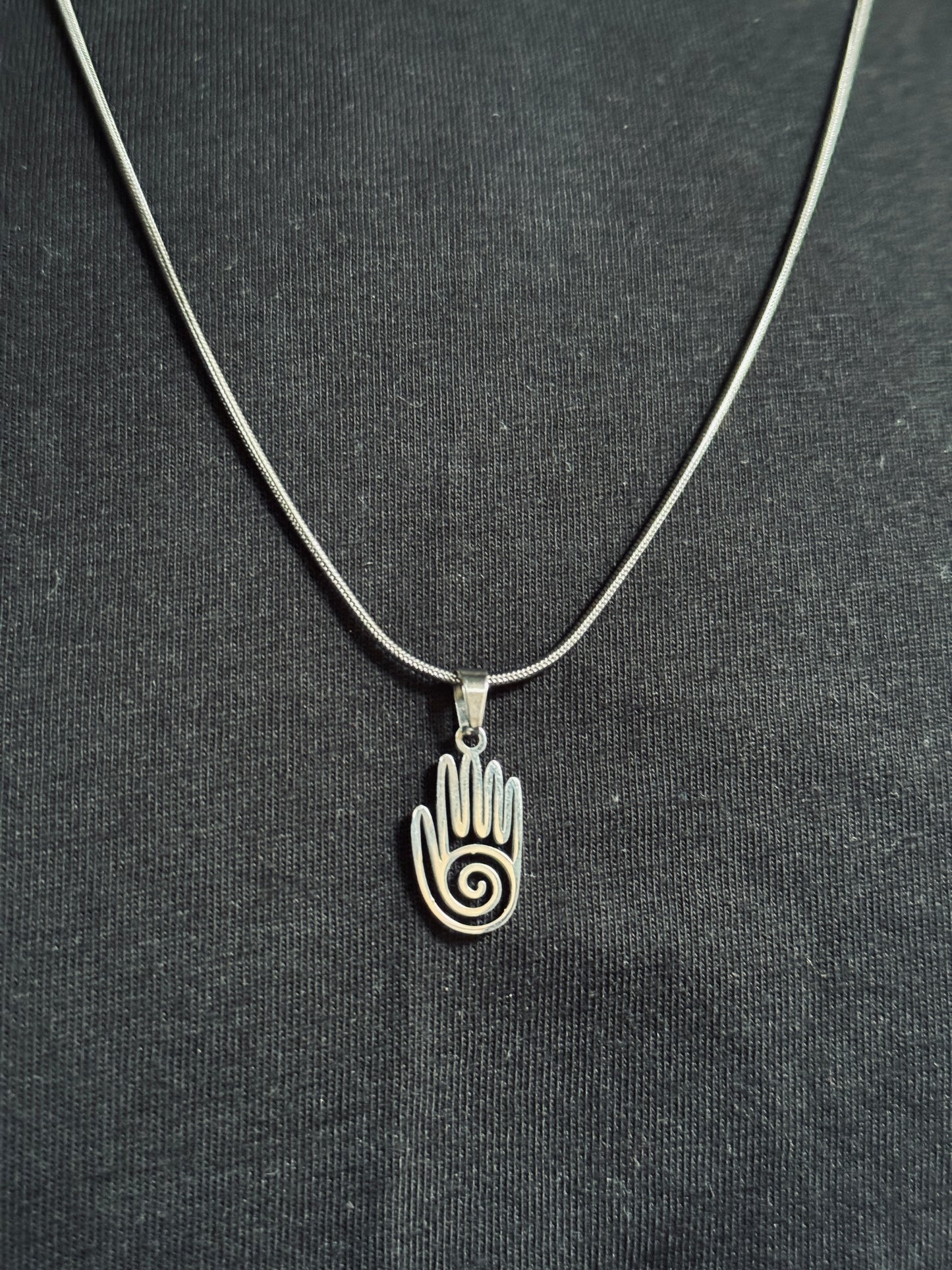 Spiral hamsa hand silver stainless steel necklace in 55 cm chain