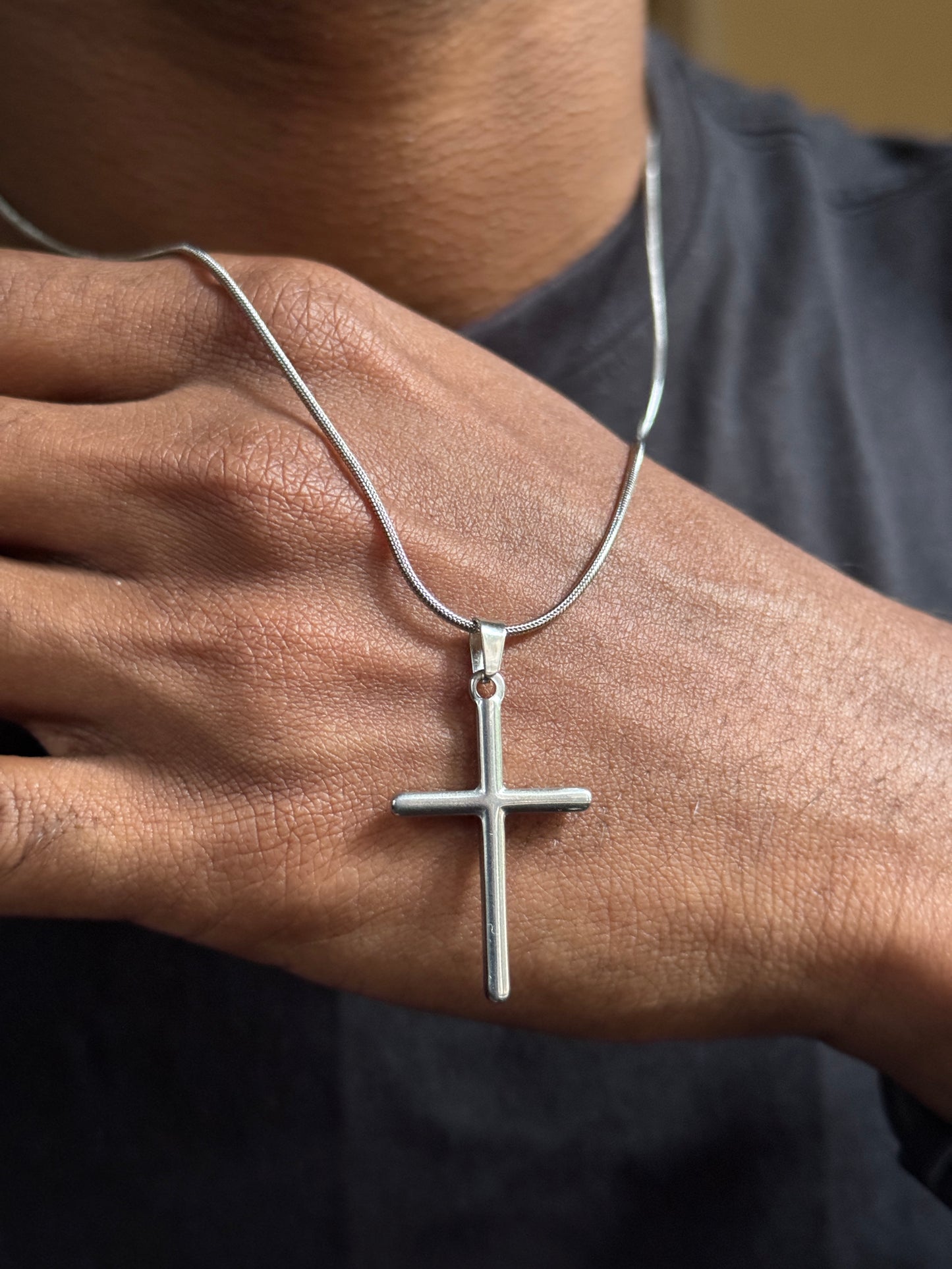 Cross plain silver stainless steel necklace 55 cm