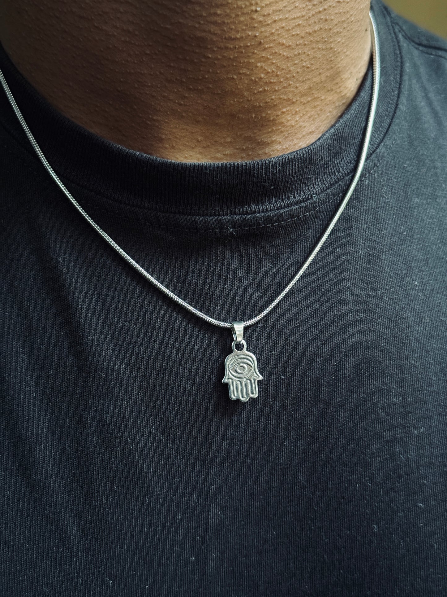 Hamsa hand small silver stainless steel silver necklace in 55 cm chain
