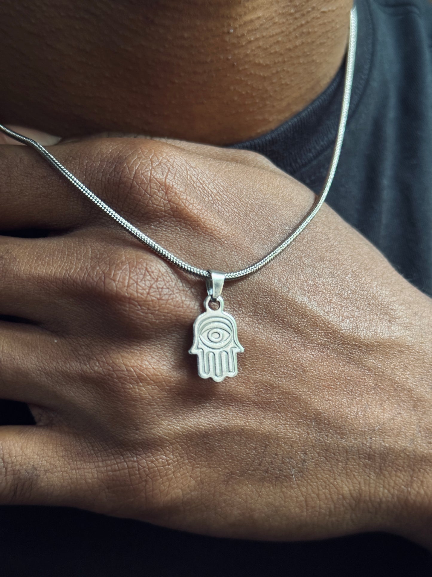 Hamsa hand small silver stainless steel silver necklace in 55 cm chain