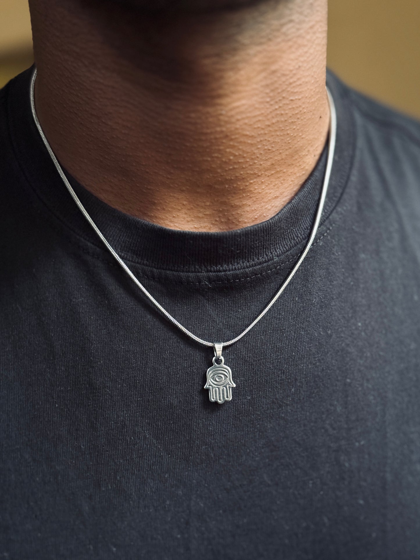 Hamsa hand small silver stainless steel silver necklace in 55 cm chain
