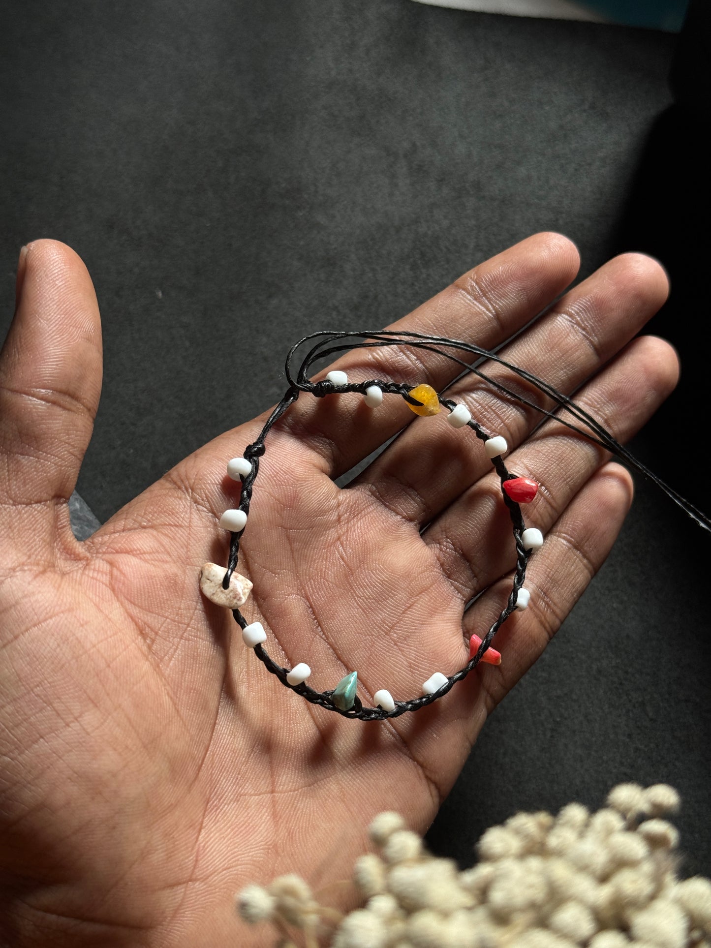 Black macramé anklet with mixed color stones