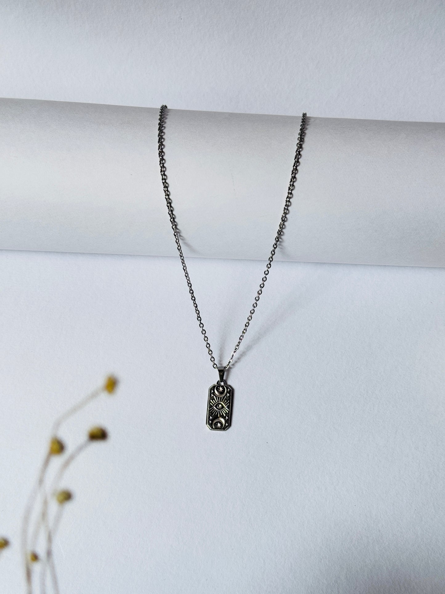 Sun moon rectangle stainless steel silver necklace