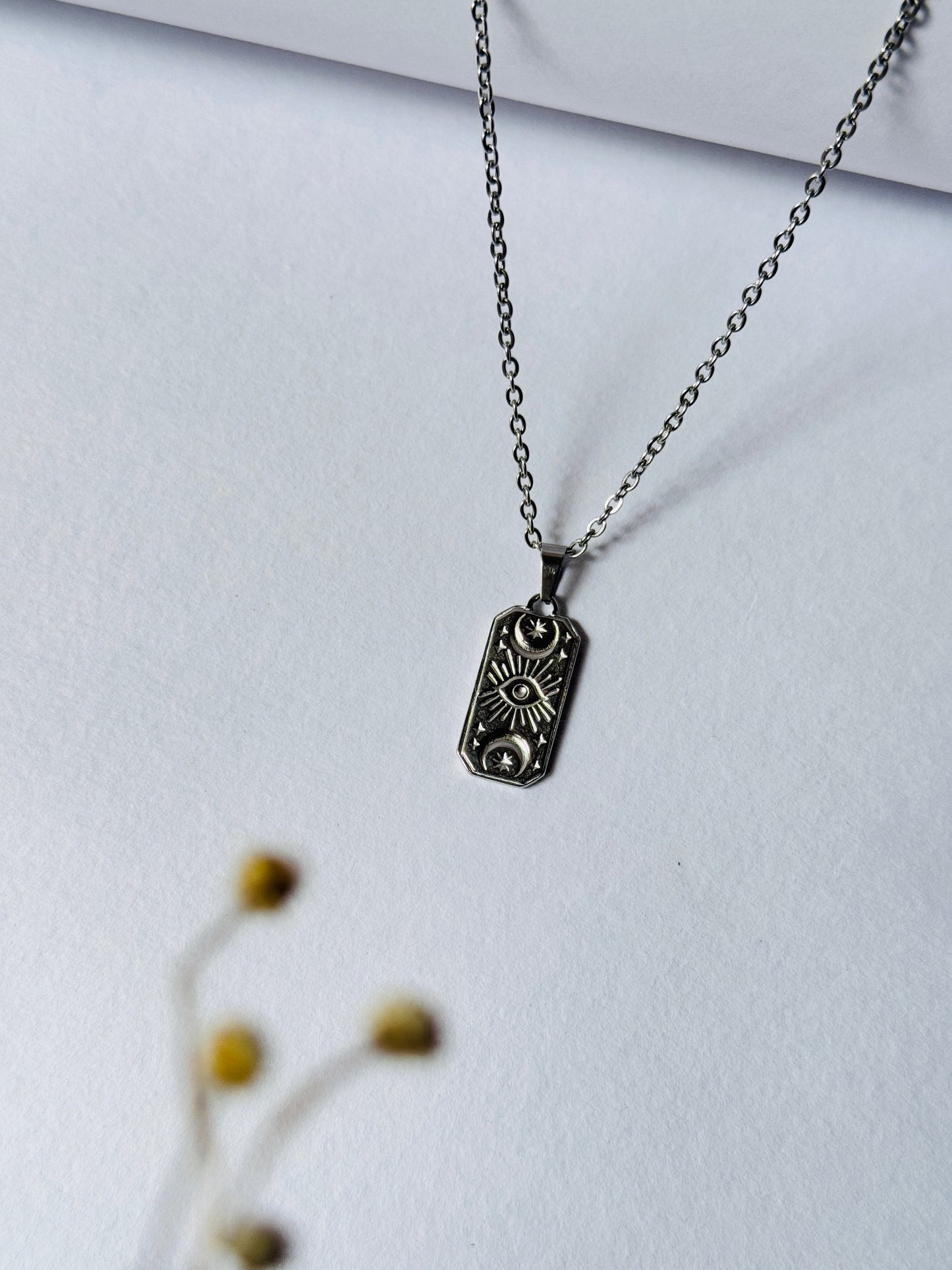 Sun moon rectangle stainless steel silver necklace