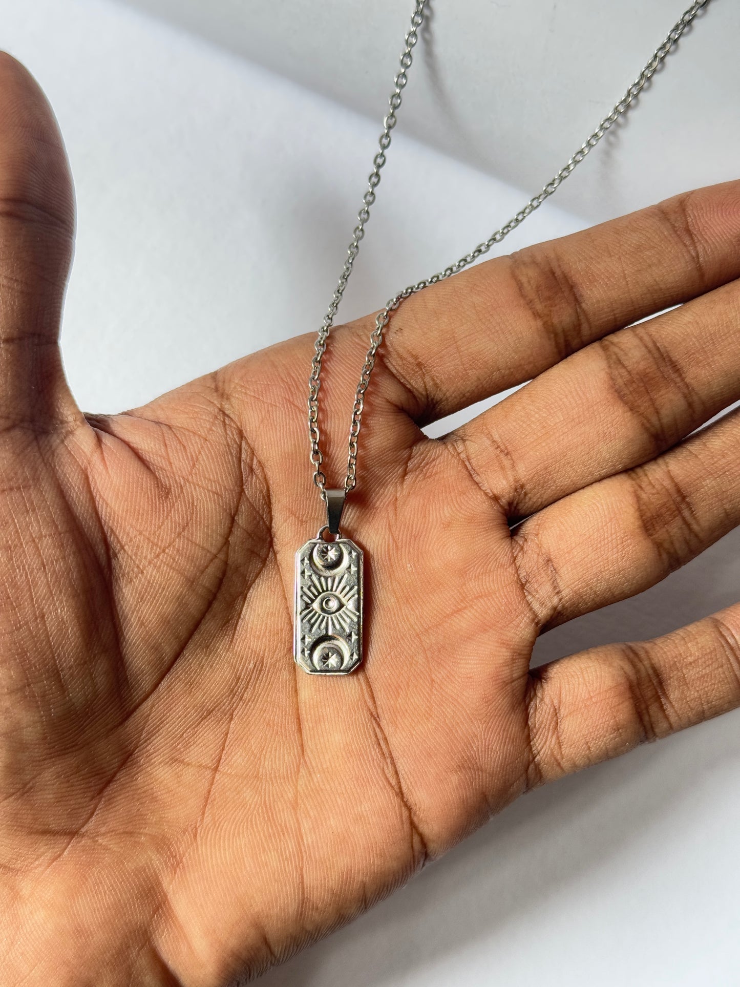 Sun moon rectangle stainless steel silver necklace