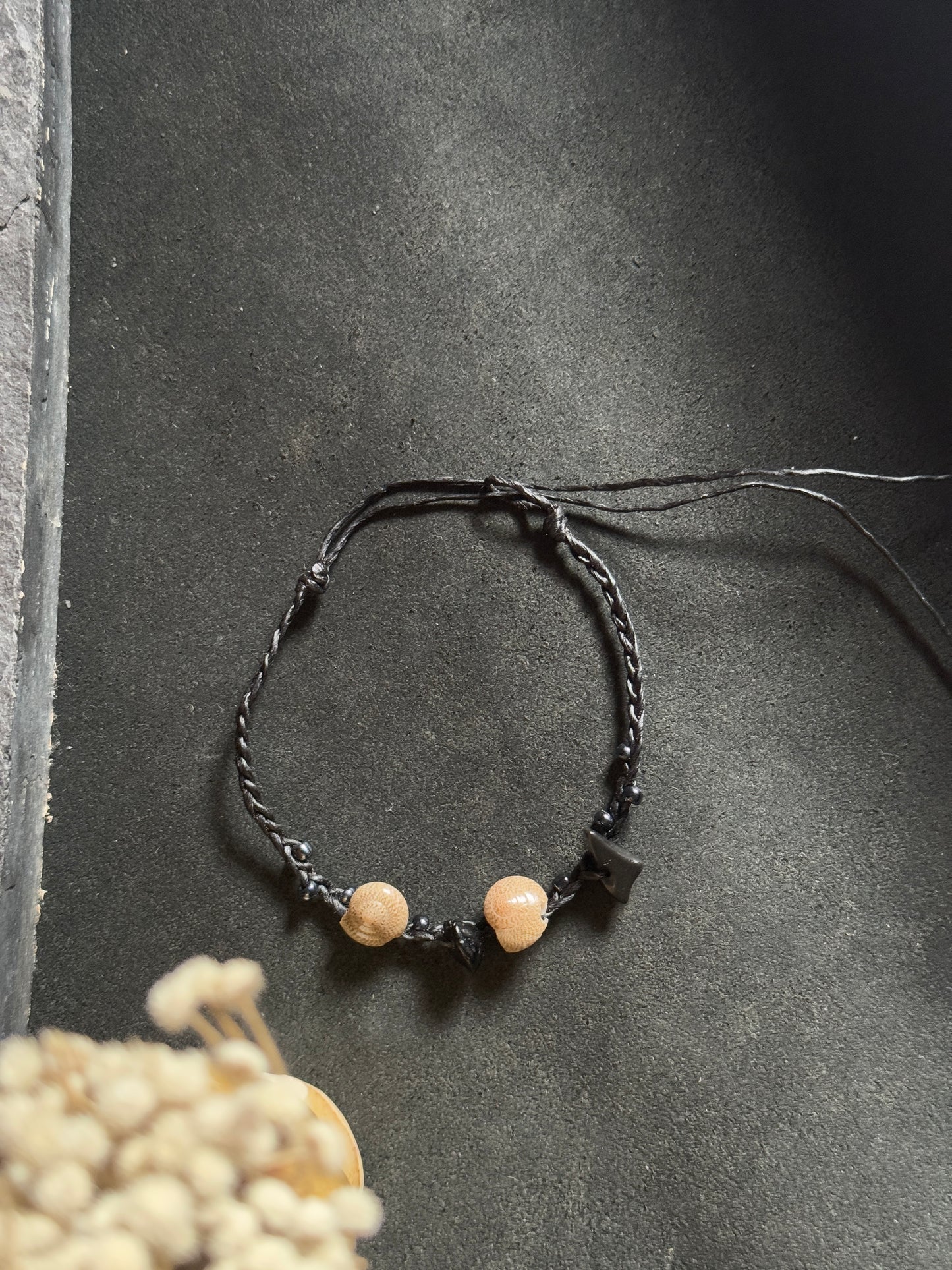 Black macramé shell anklet with black stone