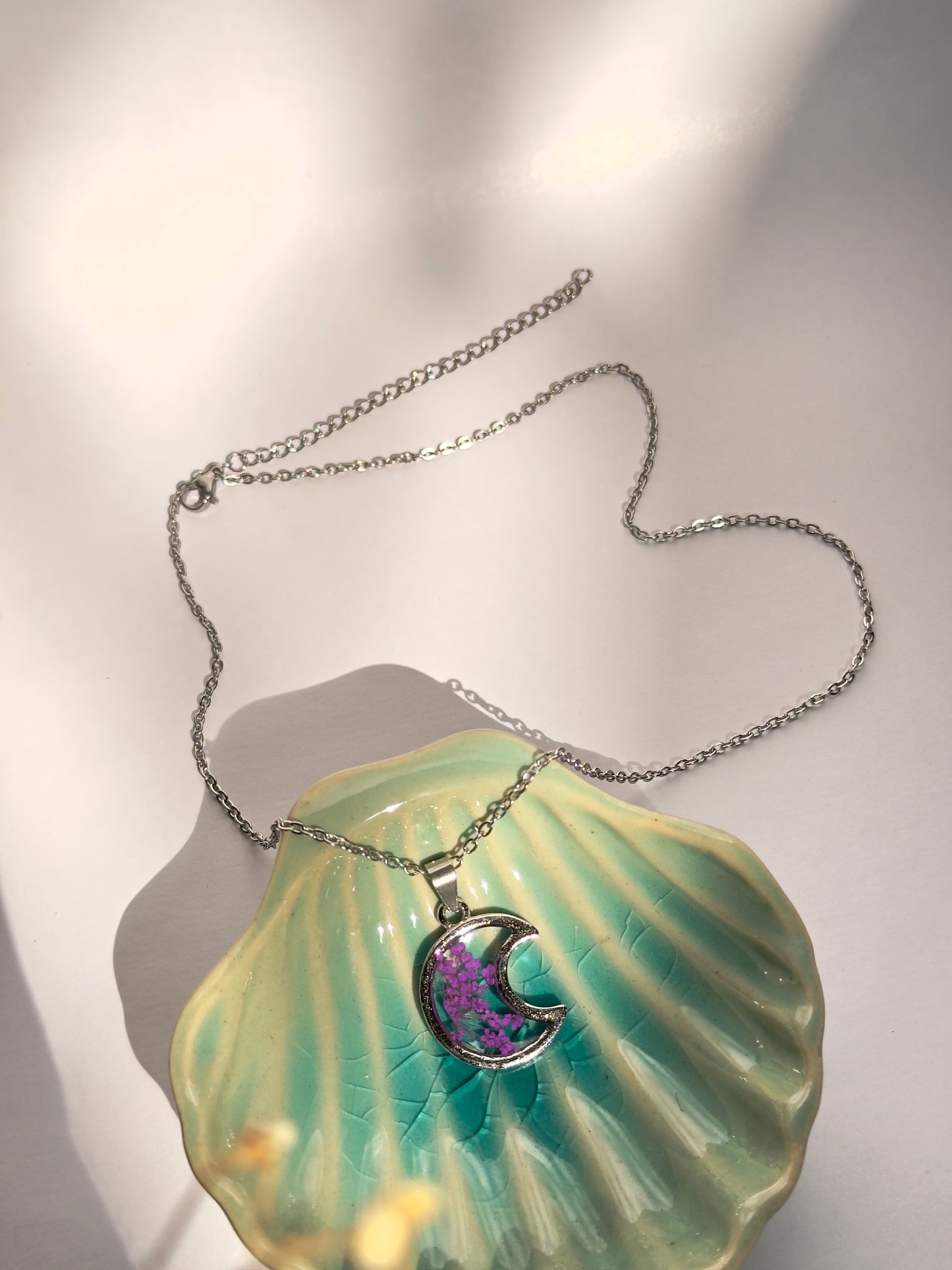 Purple queens anne's lace moon stainless steel chain
