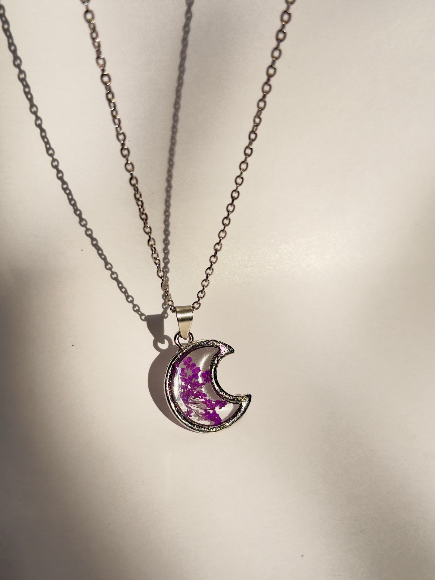 Purple queens anne's lace moon stainless steel chain