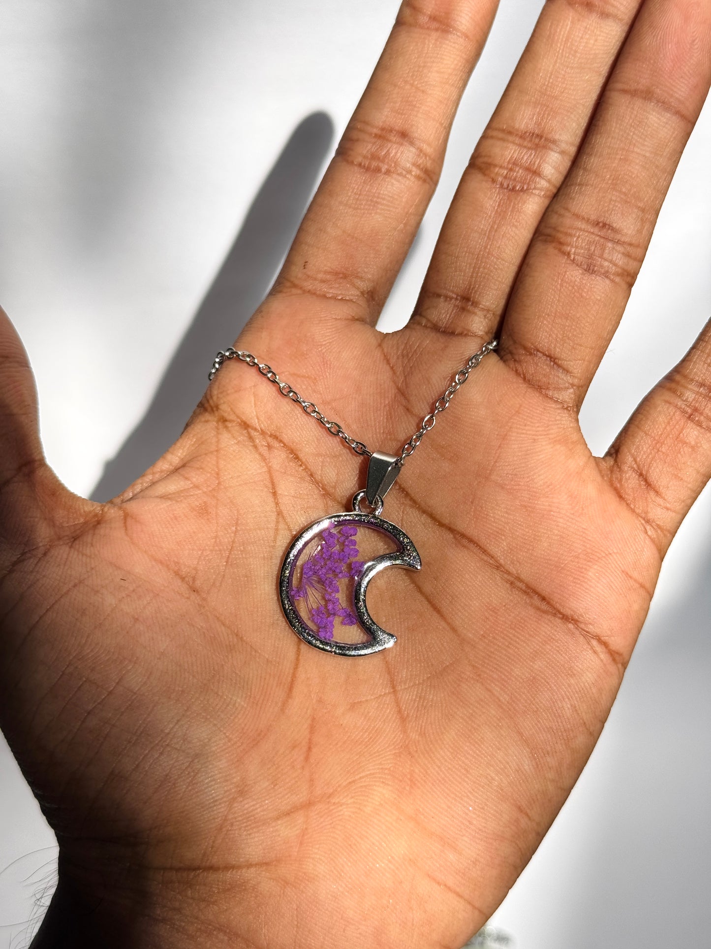 Purple queens anne's lace moon stainless steel chain