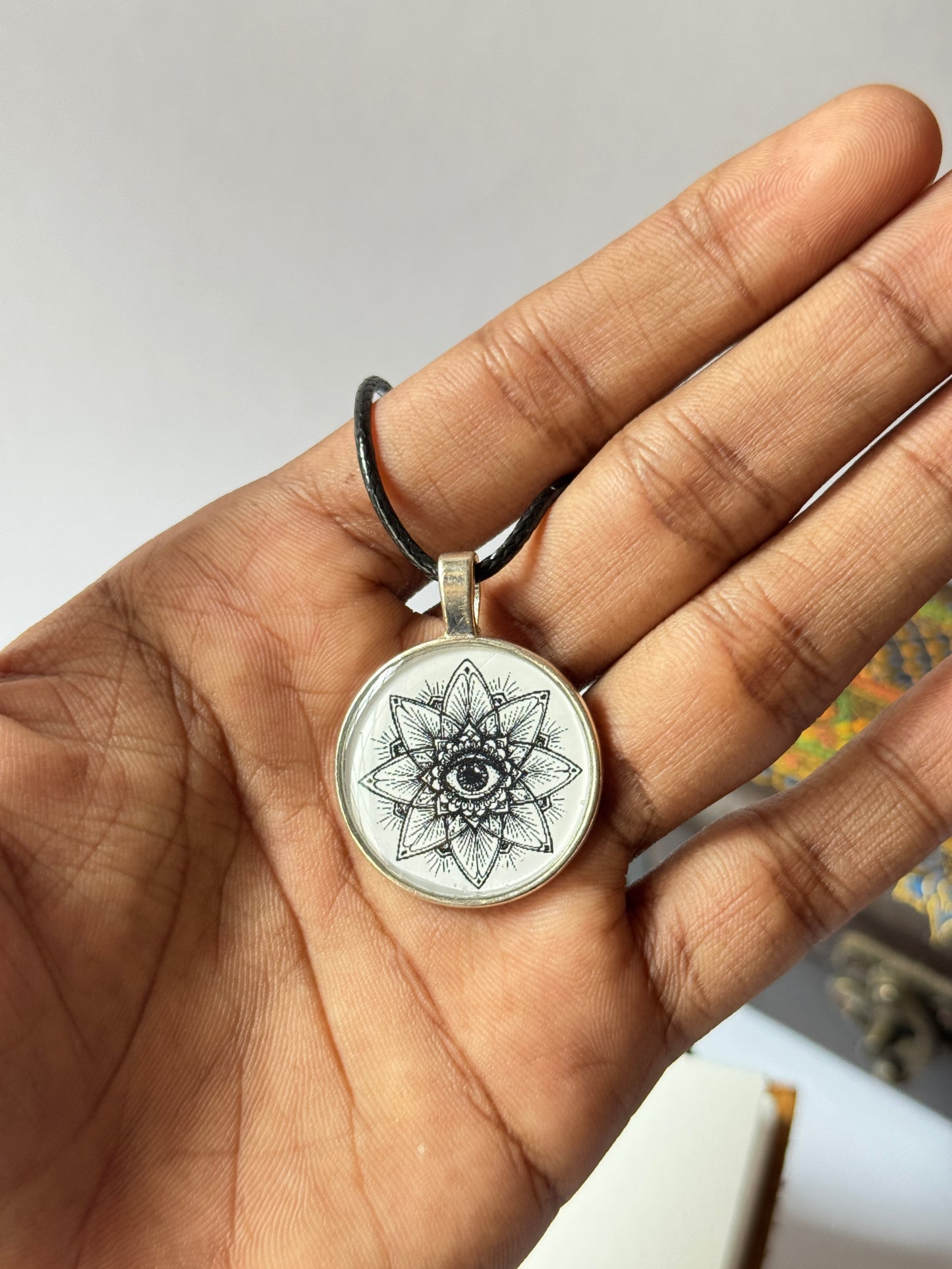 Eye mandala b/w resin necklace