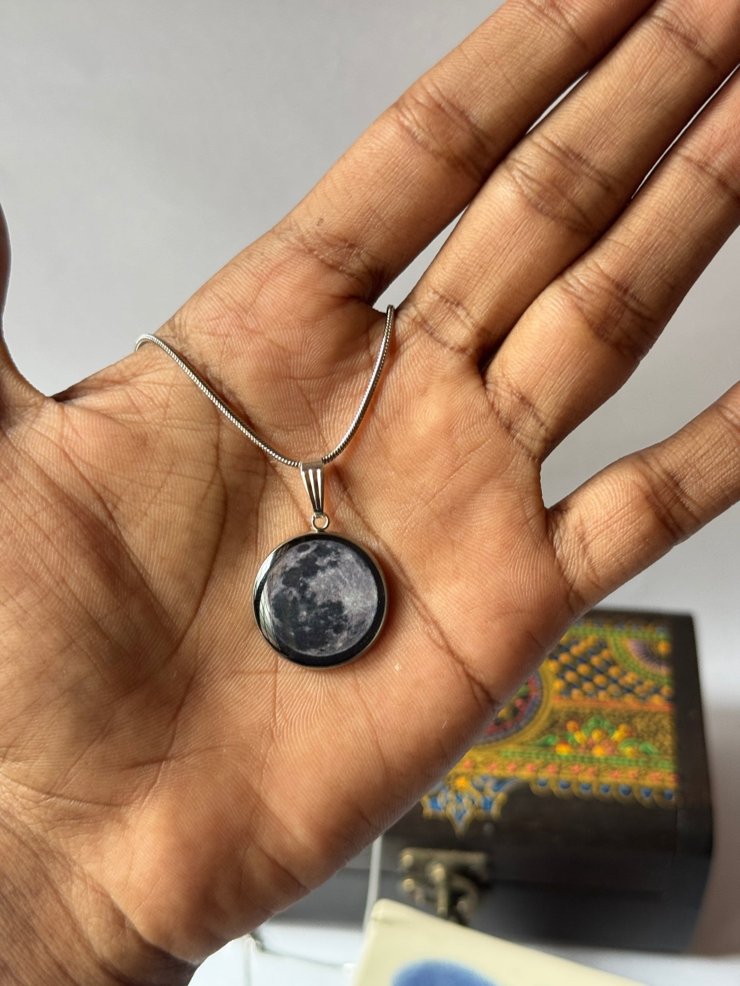 Full moon resin necklace in 1.2 mm stainless steel chain 55 cm