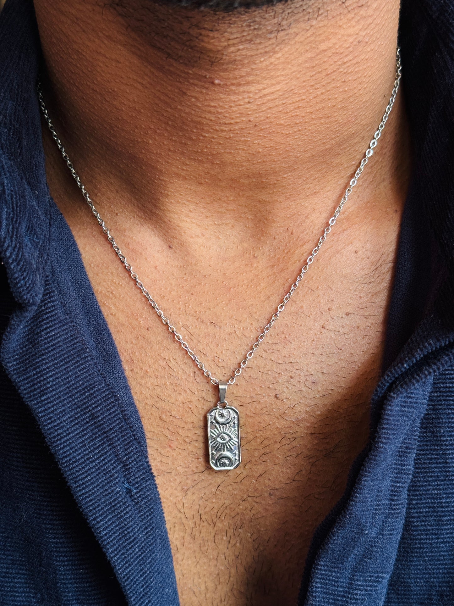 Sun moon rectangle stainless steel silver necklace