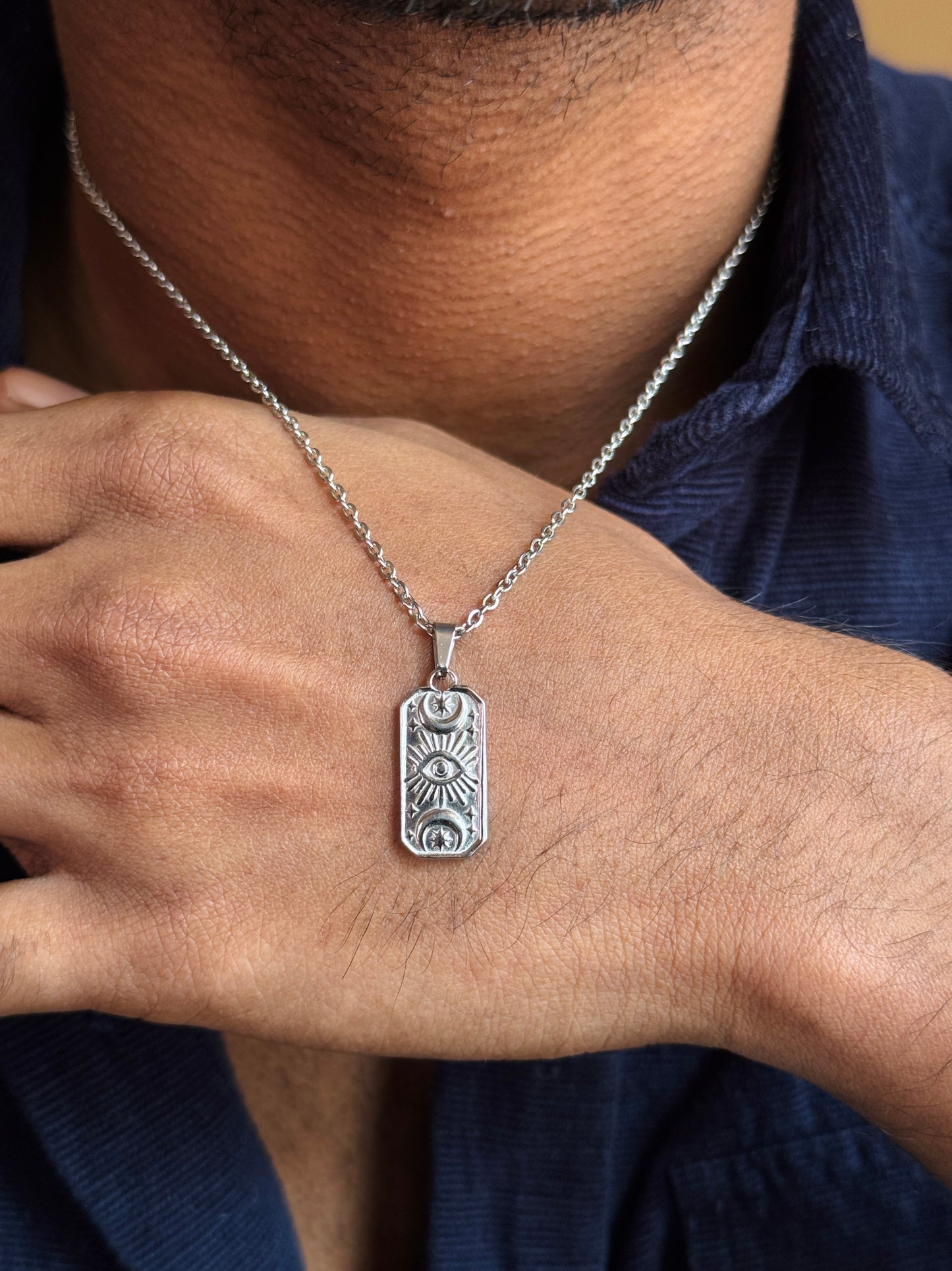 Sun moon rectangle stainless steel silver necklace