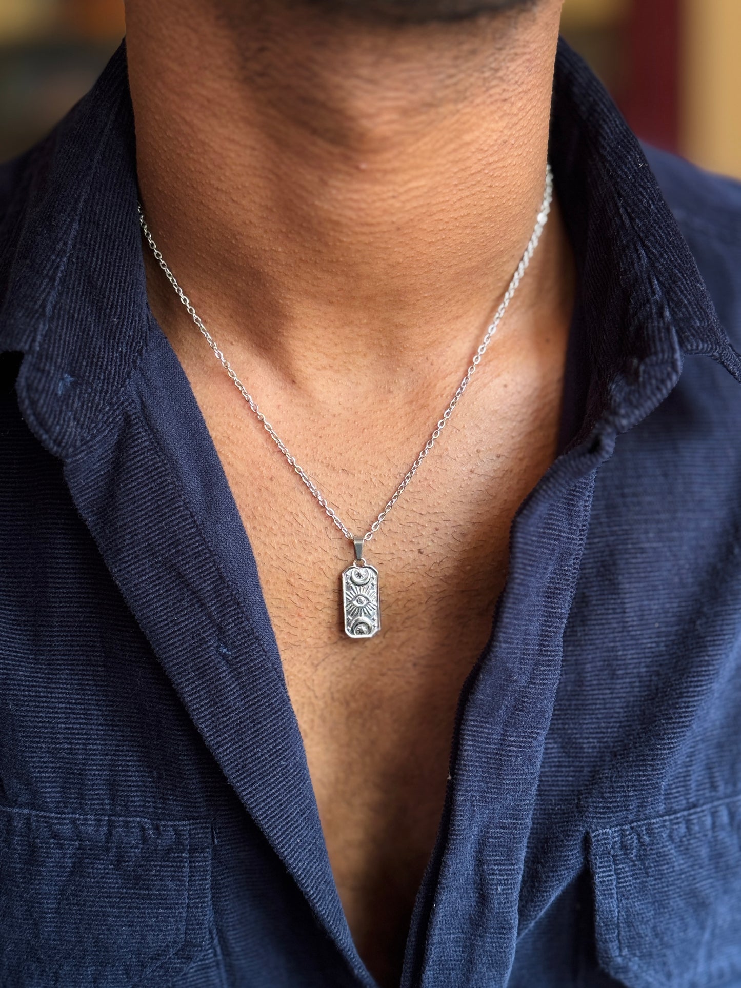Sun moon rectangle stainless steel silver necklace
