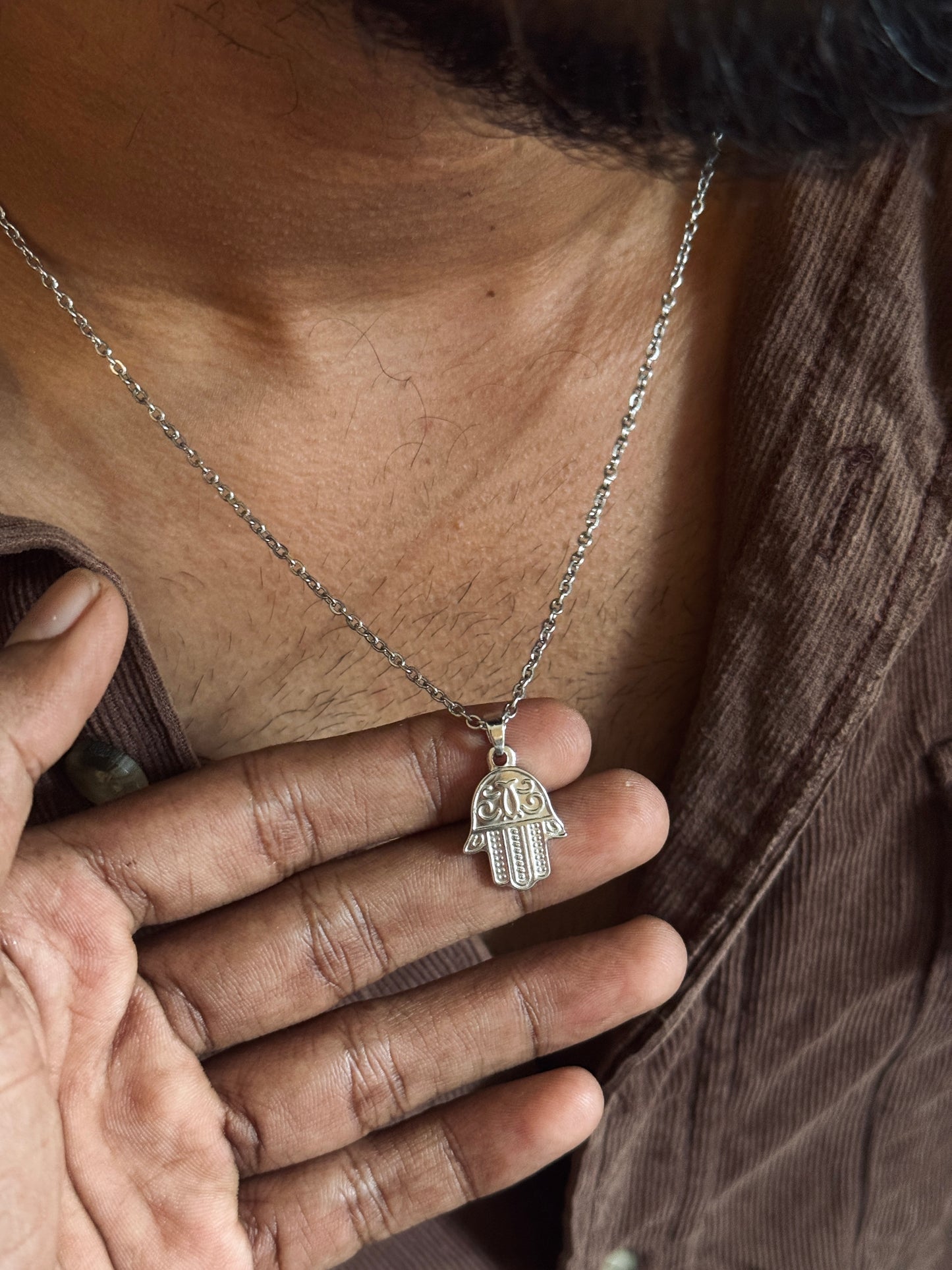 Hamsa hand stainless steel silver necklace