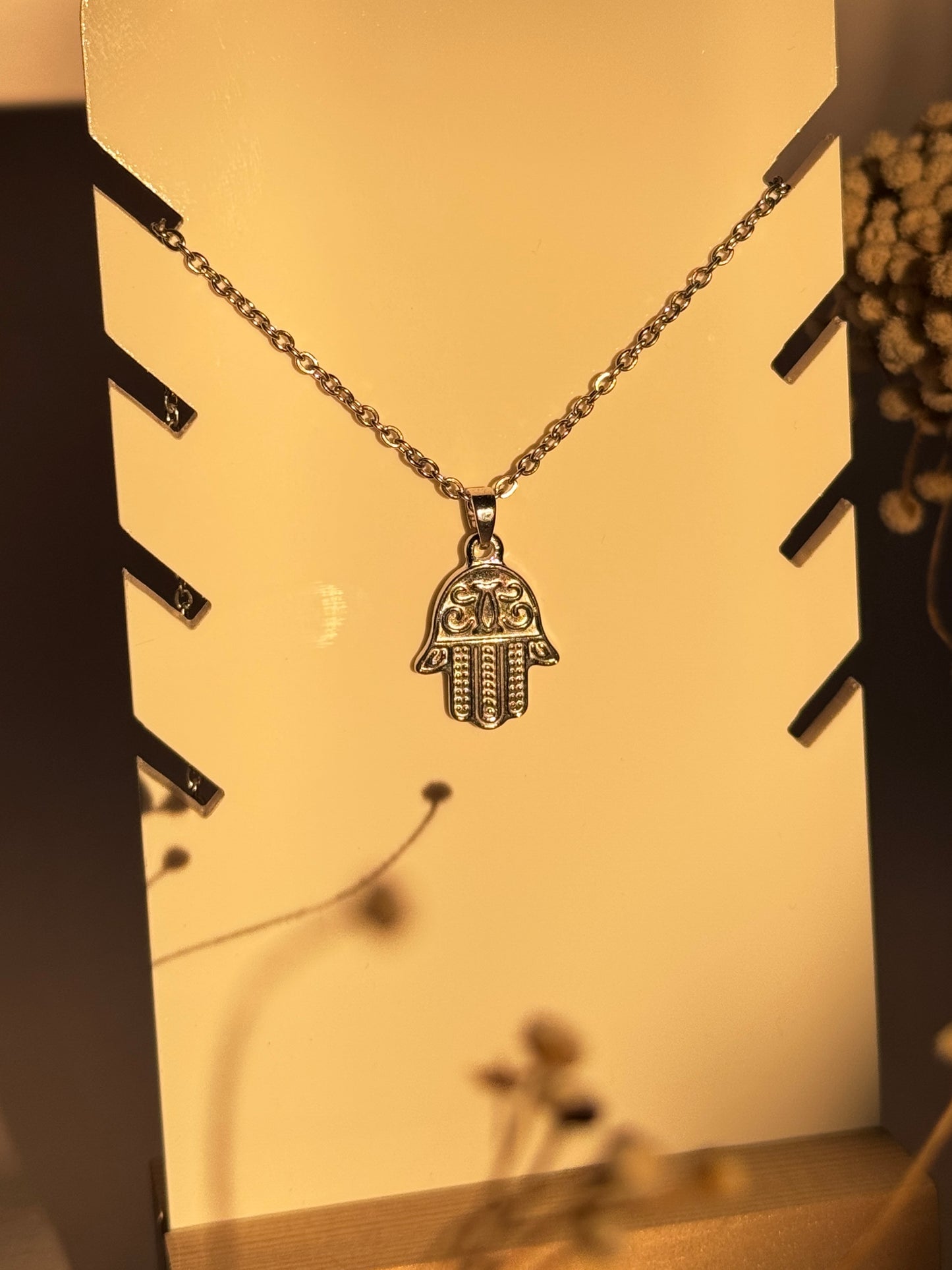 Hamsa hand stainless steel silver necklace
